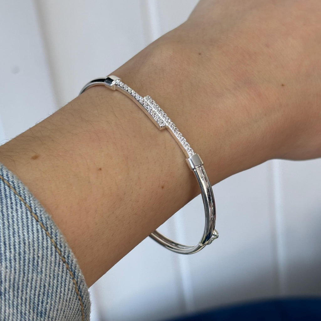 Sterling Silver Polished CZ Flexible Bangle Bracelet