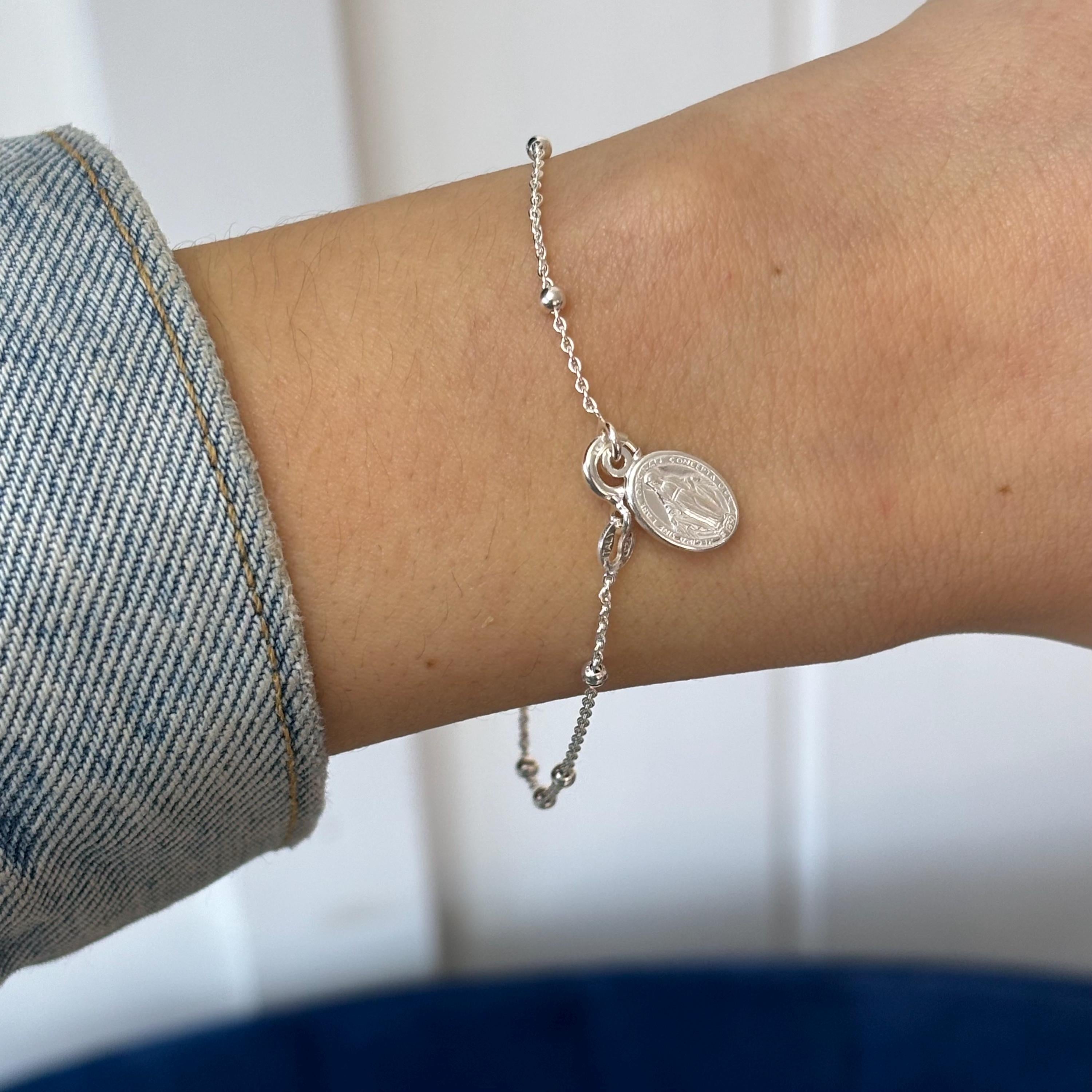 Sterling Silver Beaded Cable Chain with Miraculous Medal Rosary Bracelet
