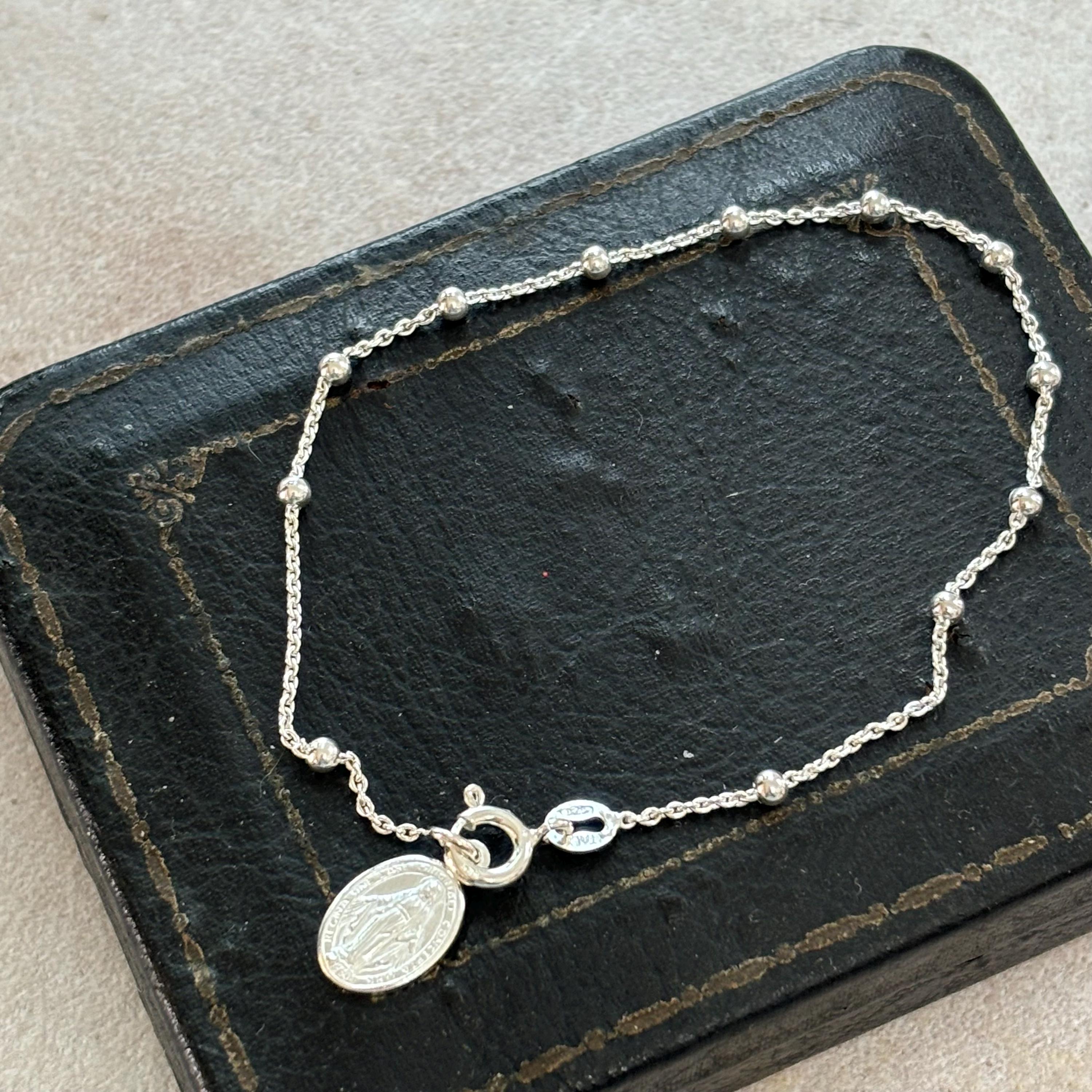 Sterling Silver Beaded Cable Chain with Miraculous Medal Rosary Bracelet
