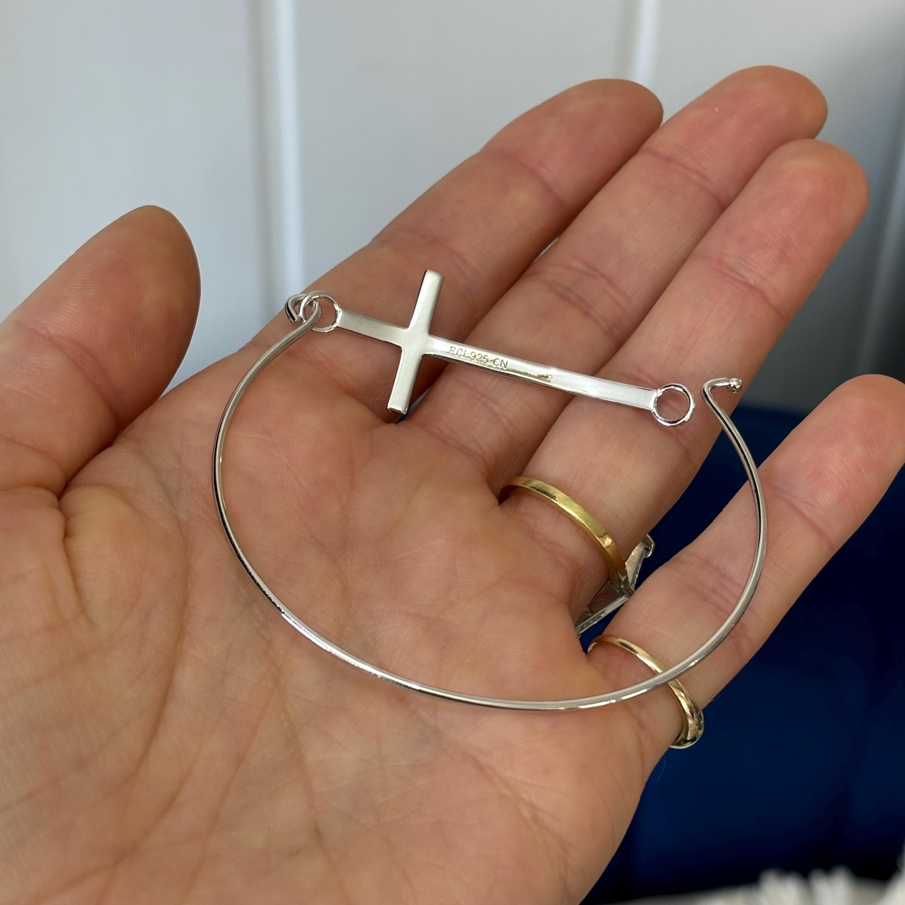 Sterling Silver Polished Bangle Bracelet with Sideways Cross