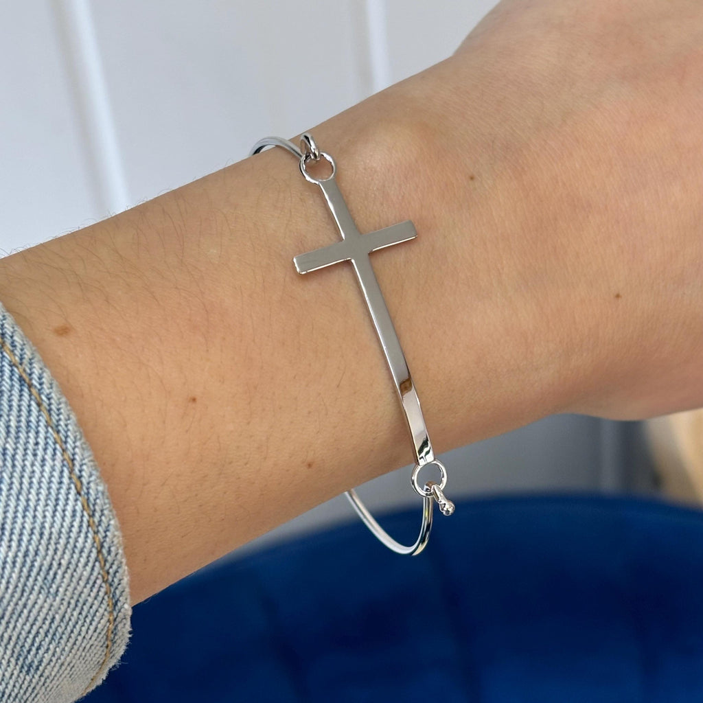 Sterling Silver Polished Bangle Bracelet with Sideways Cross