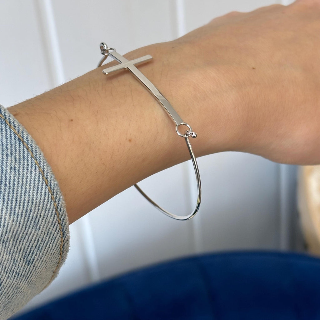 Sterling Silver Polished Bangle Bracelet with Sideways Cross