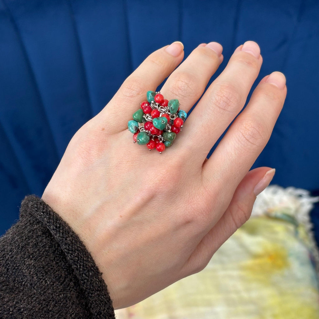 Sterling Silver Turquoise  and Red Coral Ring