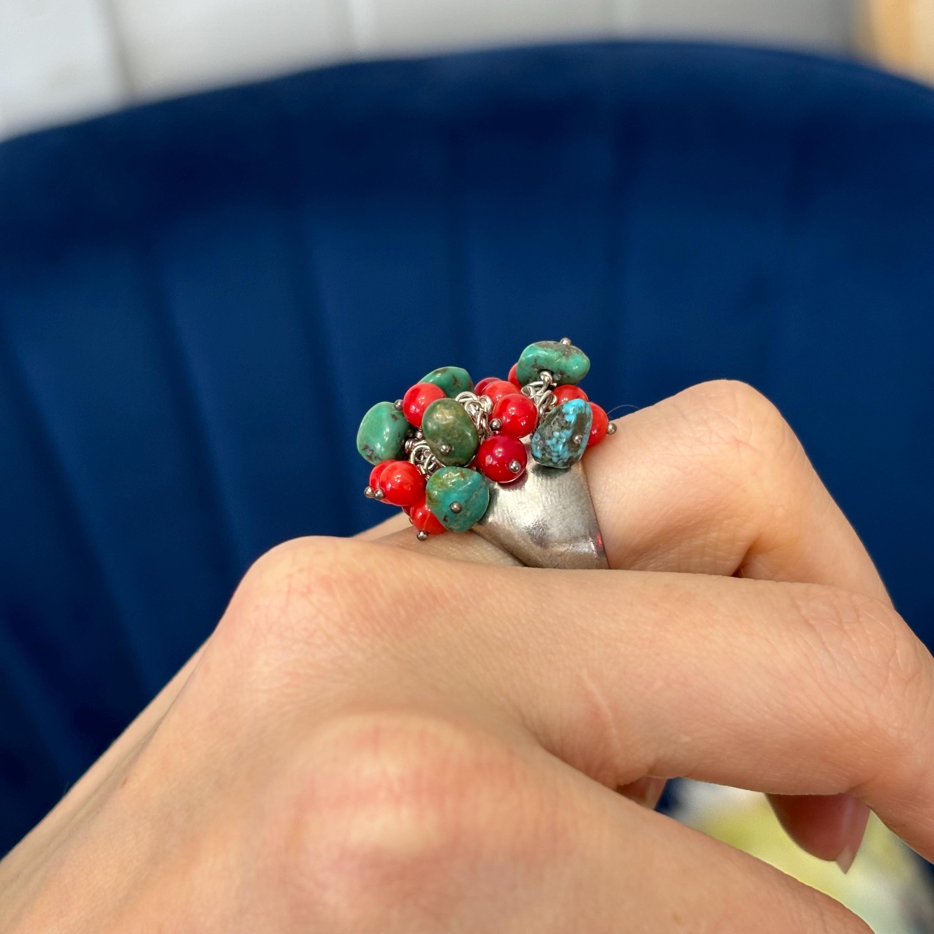 Sterling Silver Turquoise  and Red Coral Ring