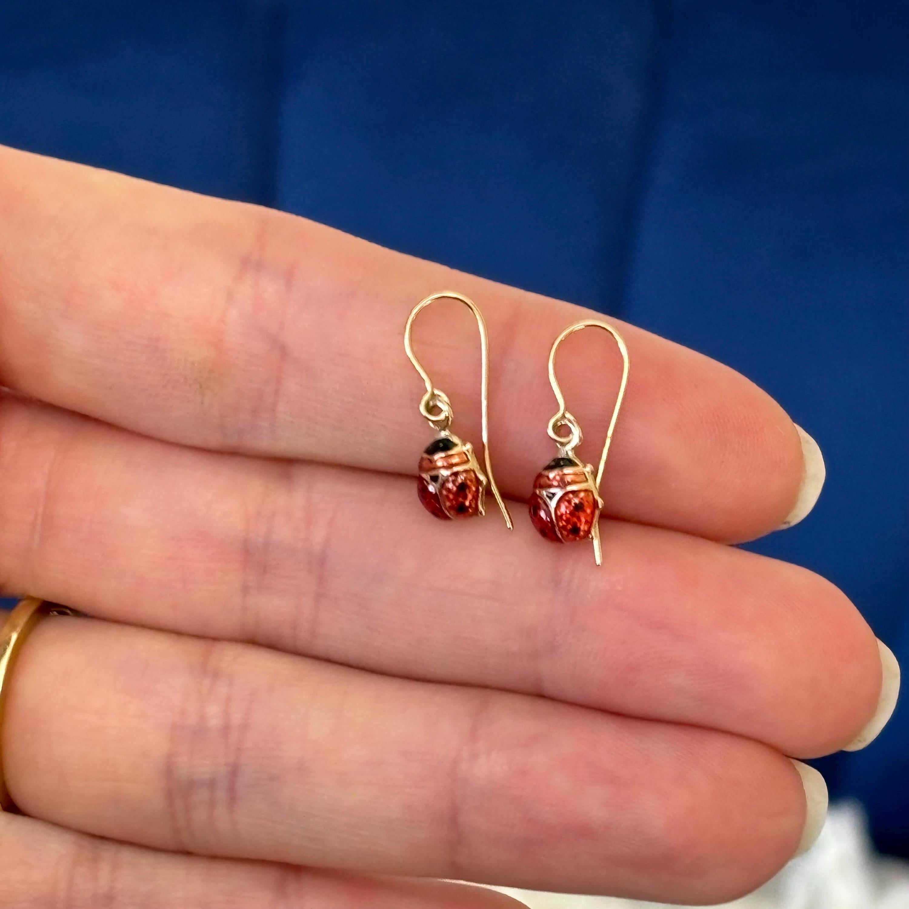 14k Gold Enameled Ladybug Dangle Earrings