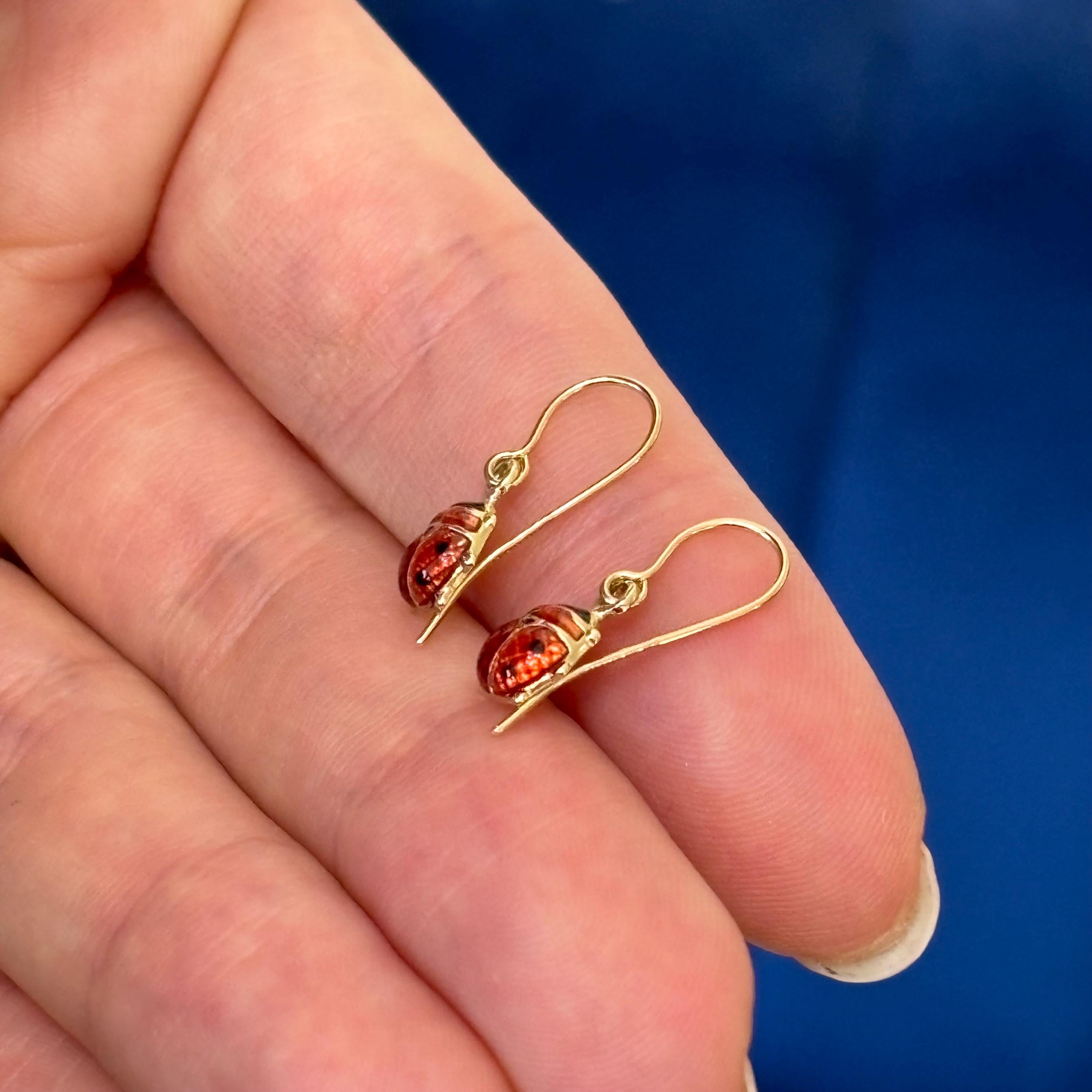 14k Gold Enameled Ladybug Dangle Earrings