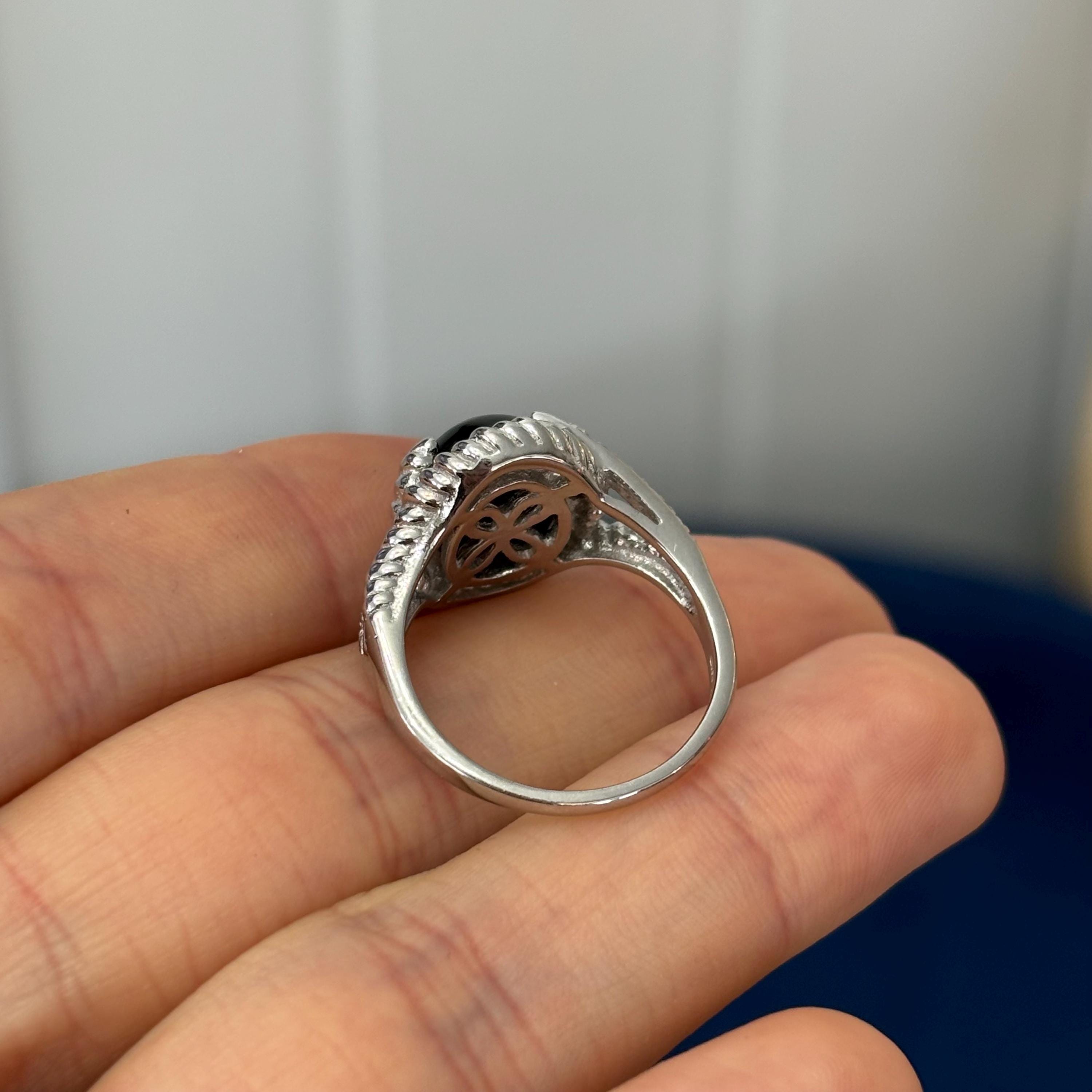 Sterling Silver Rhodium -plated Onyx and Diamond Ring