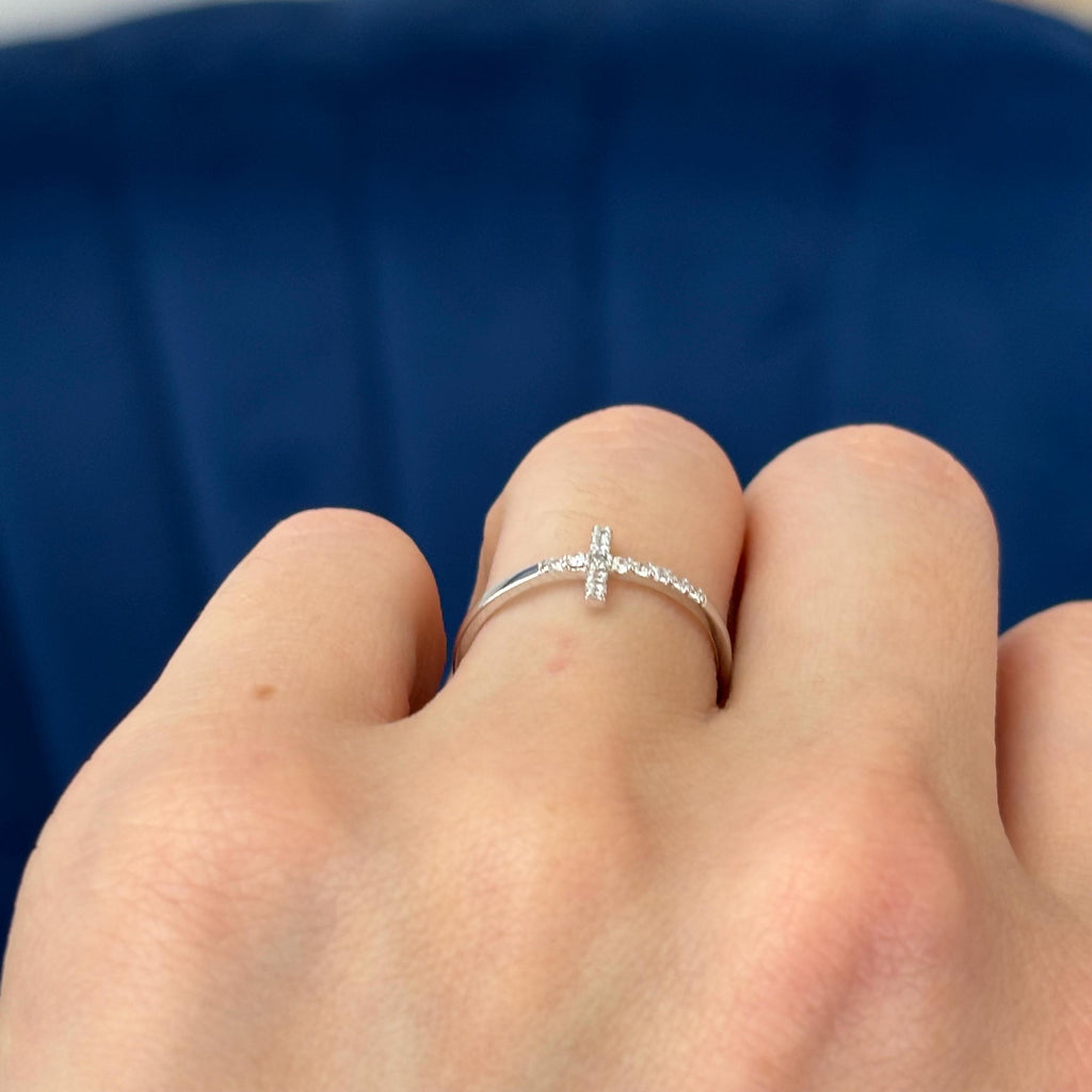Sterling Silver Rhodium-plated CZ Sideways Cross Ring  Size 7