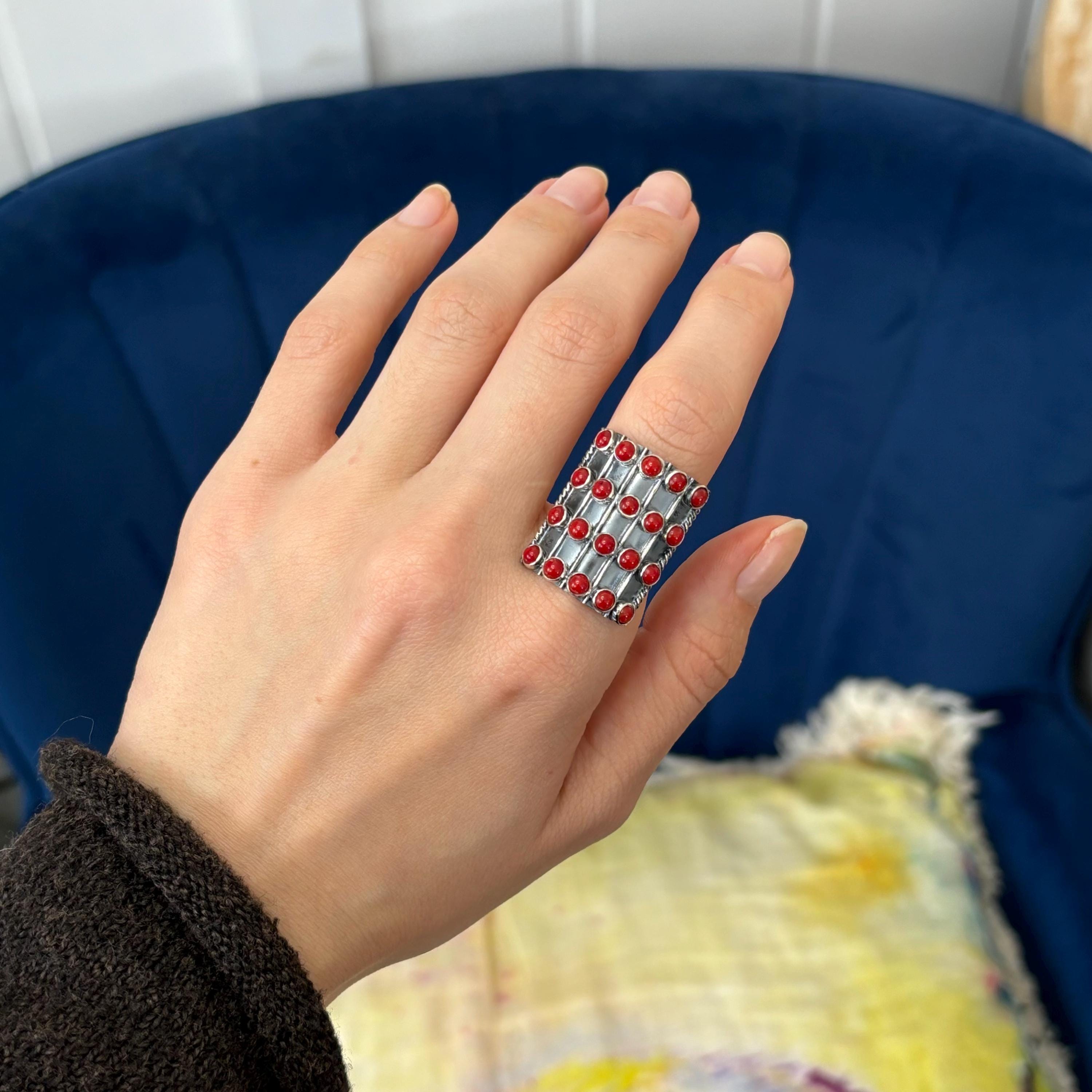 Sterling Silver Bamboo Coral-set Ring