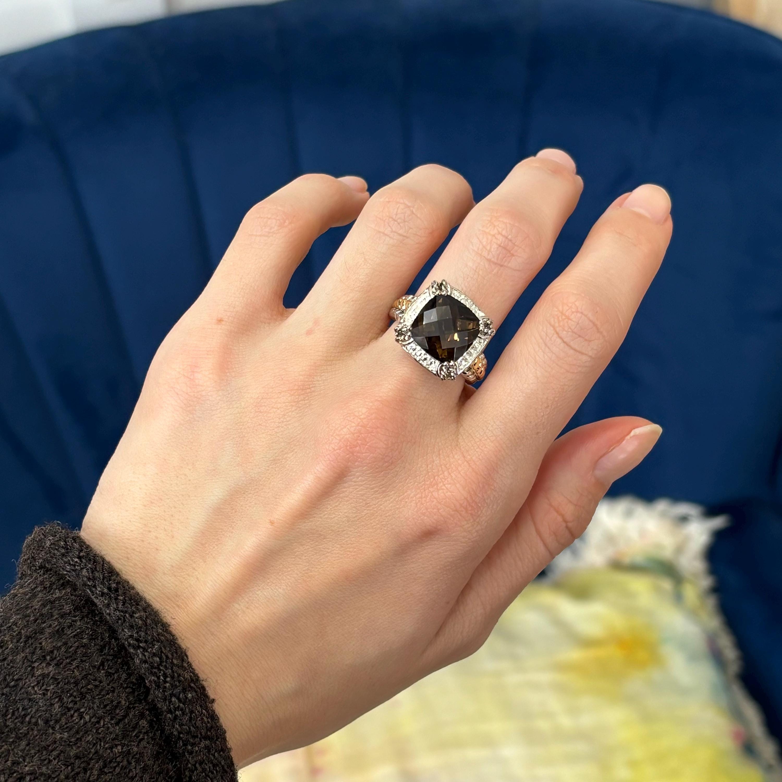 Sterling Silver with 14k Gold Polished and Antiqued Smokey Quartz Ring