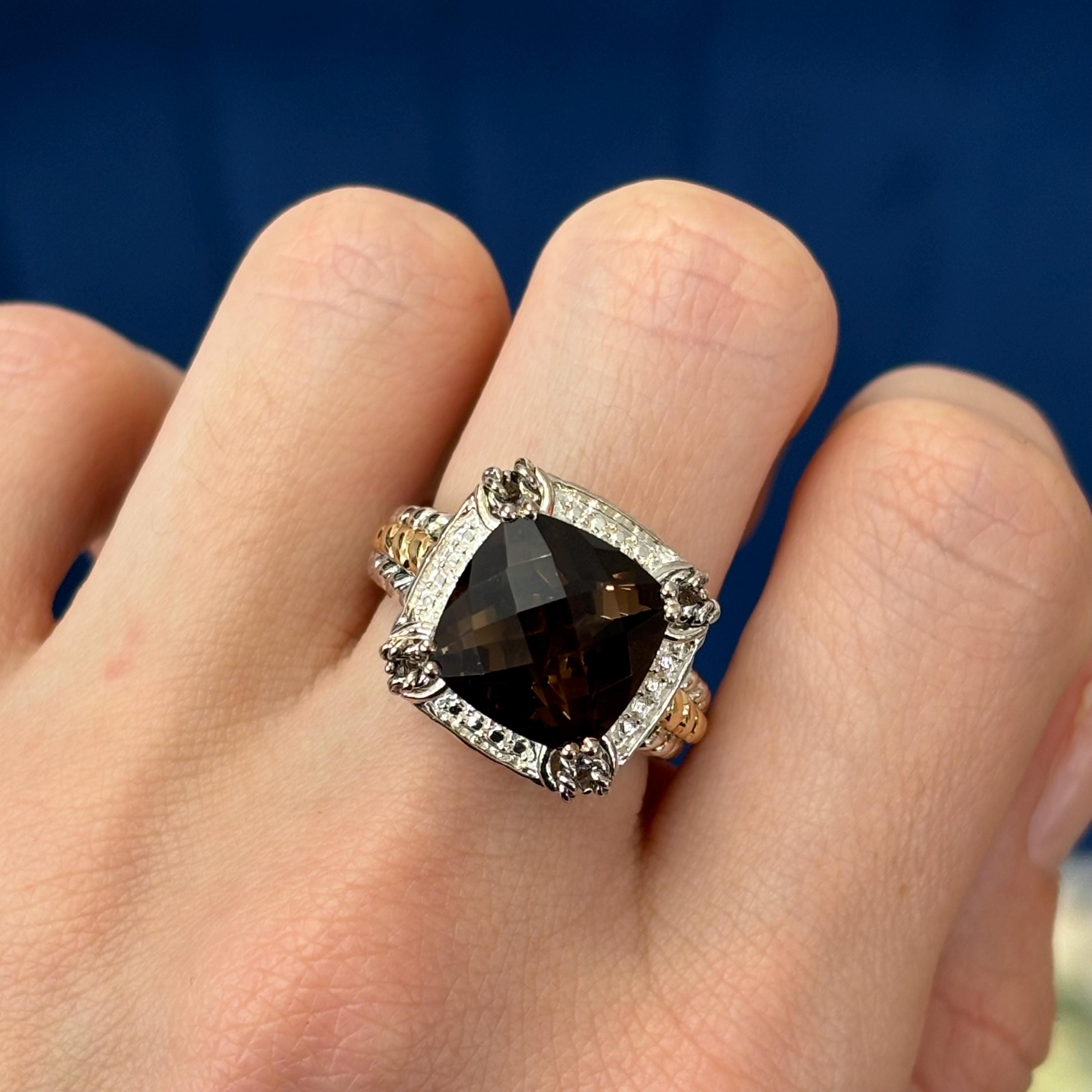 Sterling Silver with 14k Gold Polished and Antiqued Smokey Quartz Ring