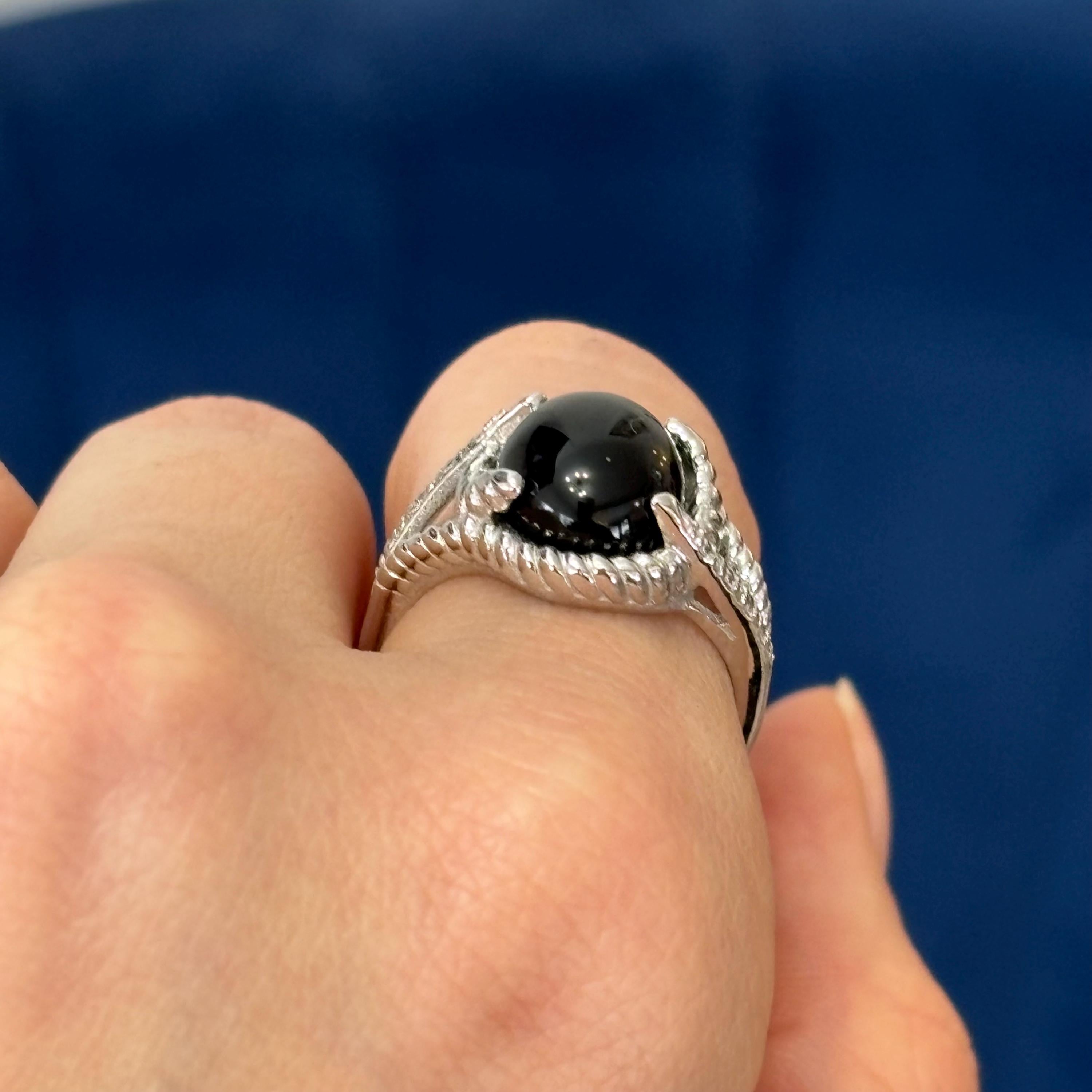 Sterling Silver Rhodium -plated Onyx and Diamond Ring