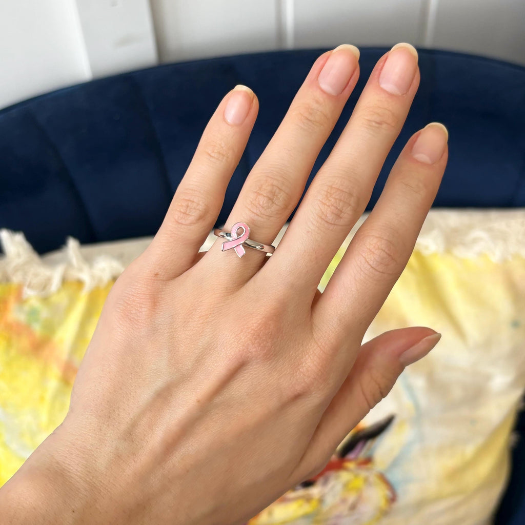 Sterling Silver Stackable Pink Enameled Breast Cancer Awareness Ribbon Ring