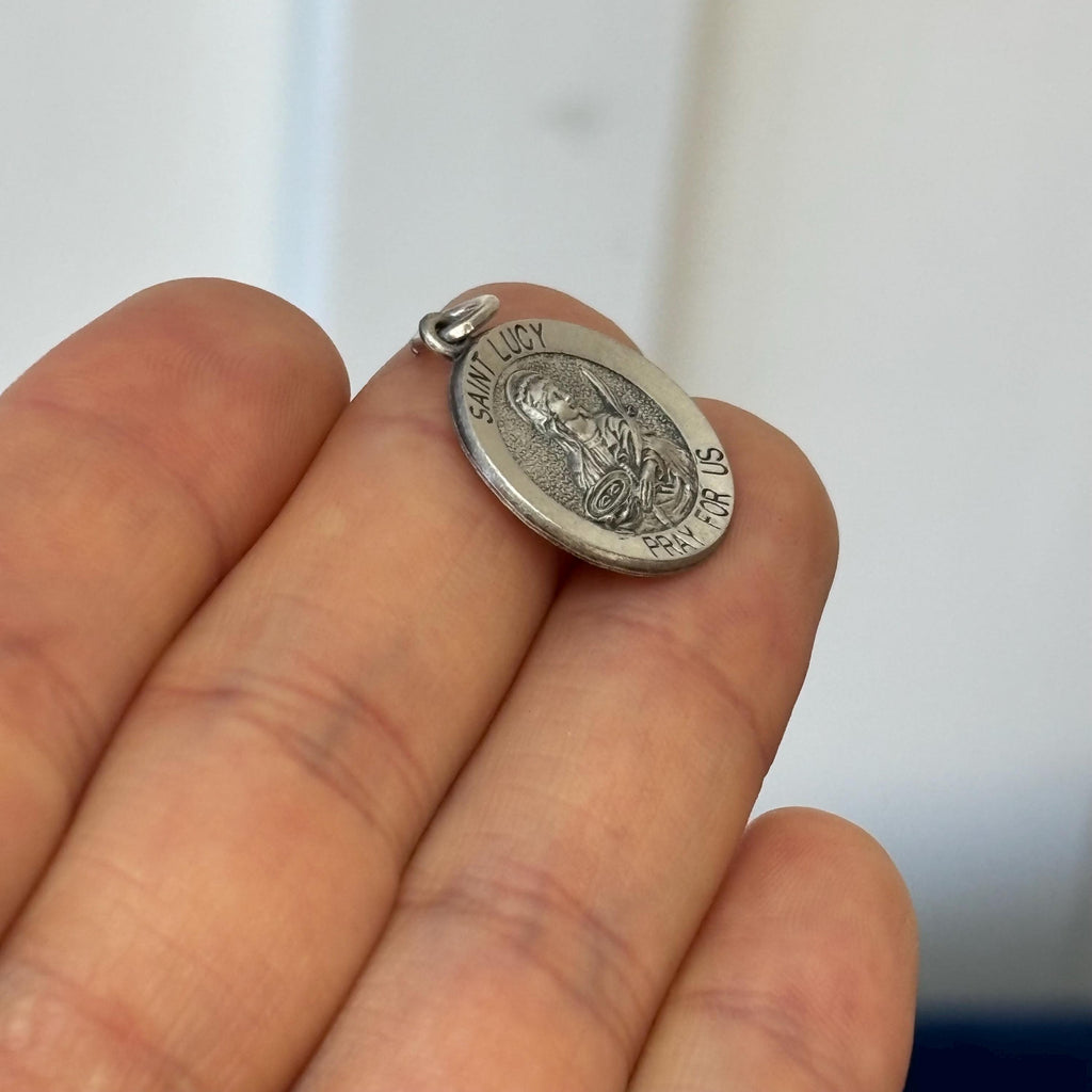 Sterling Silver Antiqued St Lucy Round Medal Pendant 18mm