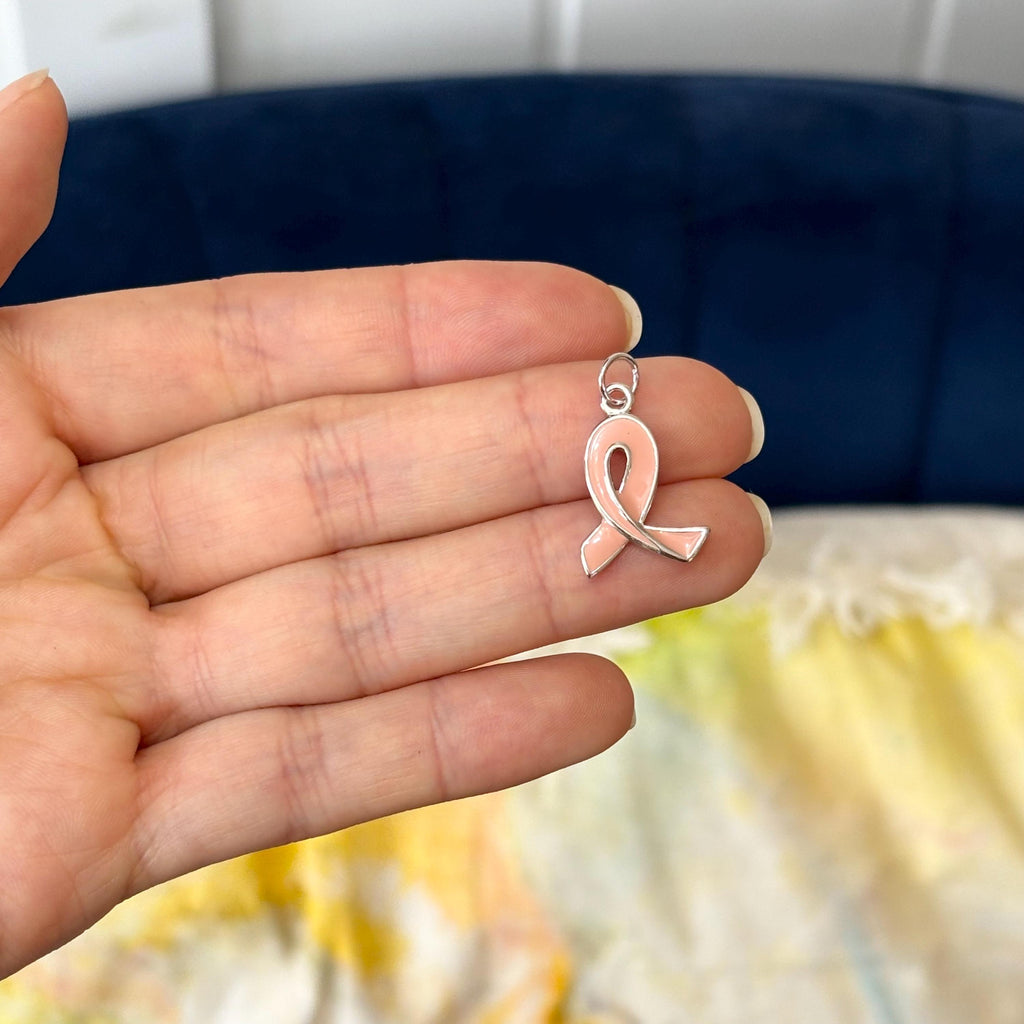 Sterling Silver Rhodium-plated Enamel Pink Ribbon Charm Pendant