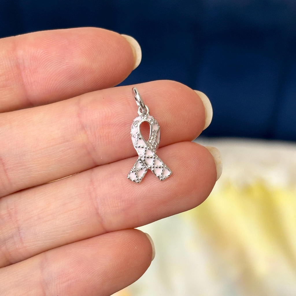 Sterling Silver Rhodium-plated Enamel Pink Ribbon Studded Charm