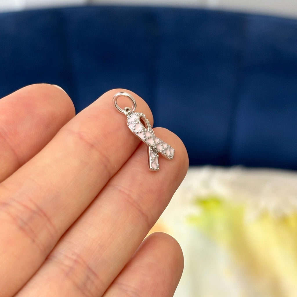 Sterling Silver Rhodium-plated Enamel Pink Ribbon Studded Charm