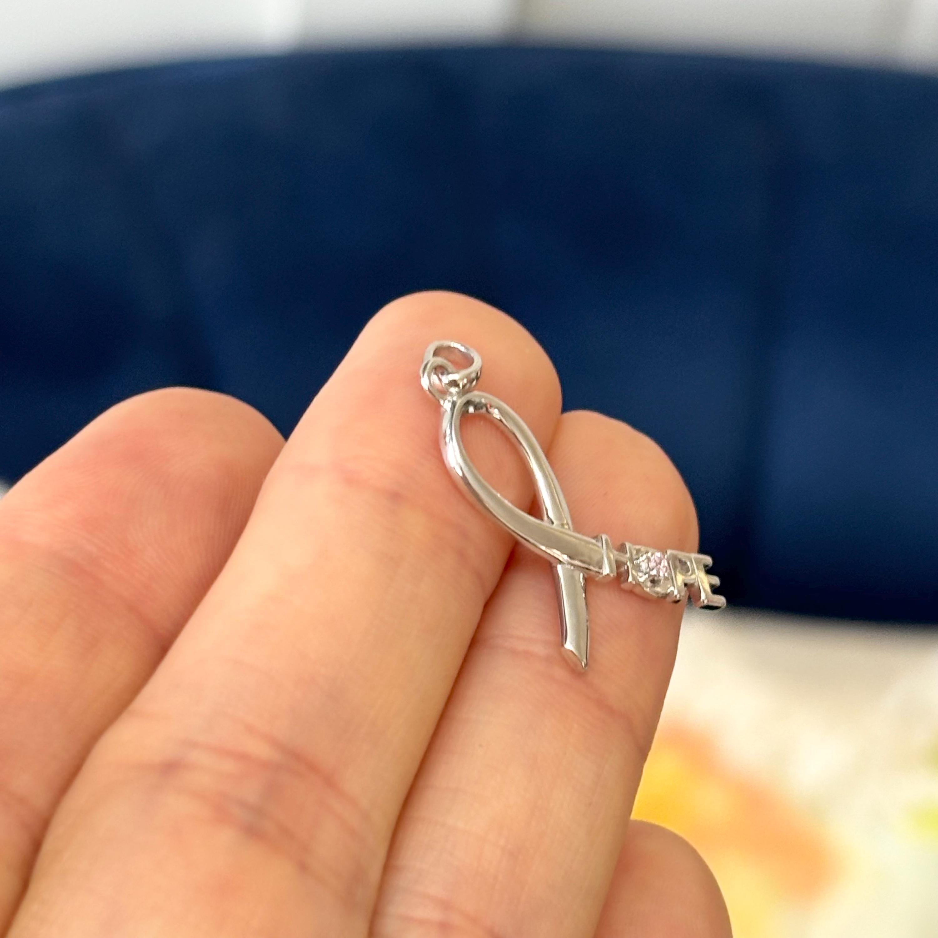 Sterling Silver Rhodium-plated Pink CZ Hope Awareness Ribbon Pendant