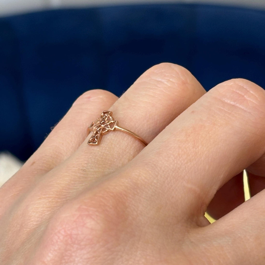 14k Rose Gold Celtic Knot  Irish Cross Ring