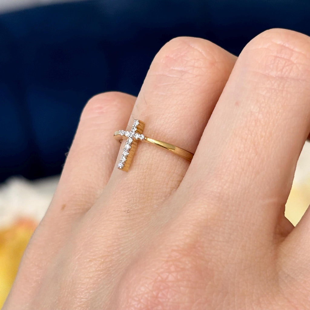 14k Yellow Gold Diamond Cross Ring