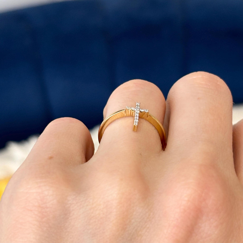 14k Yellow Gold Diamond Cross Ring