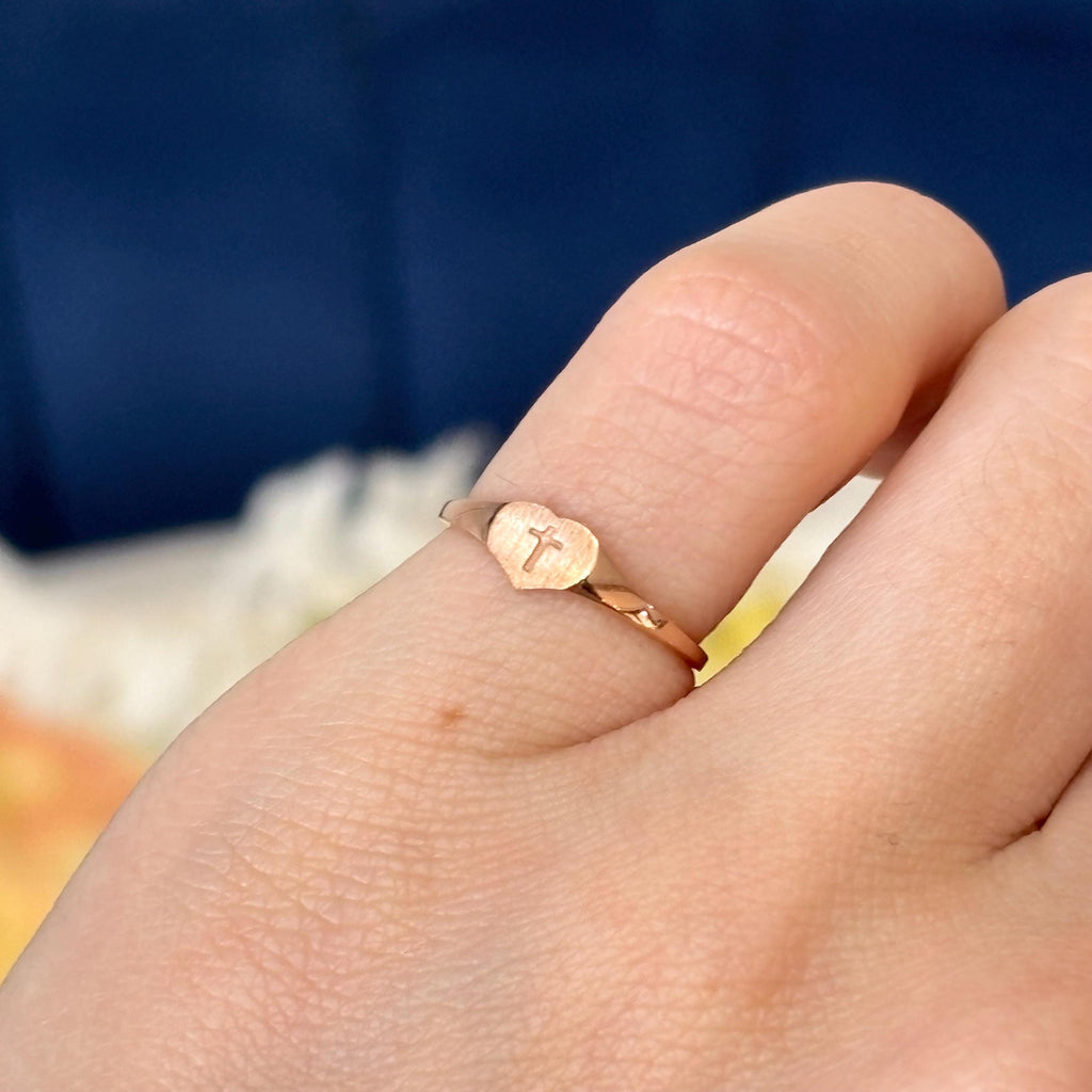 14k Rose Gold Heart & Cross Youth Ring