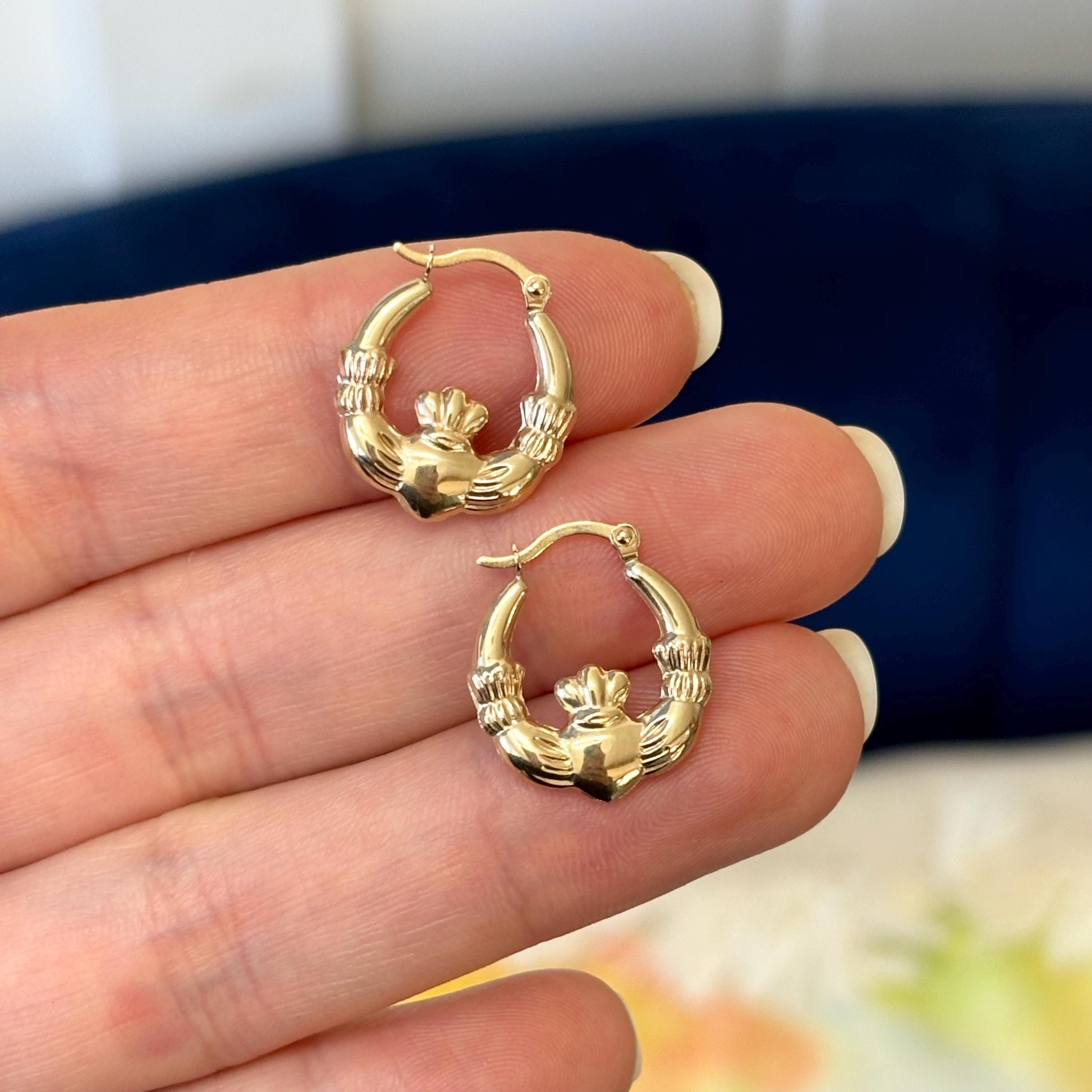 10k Gold Claddagh Irish Hands, Heart and Crown Hoop Earrings