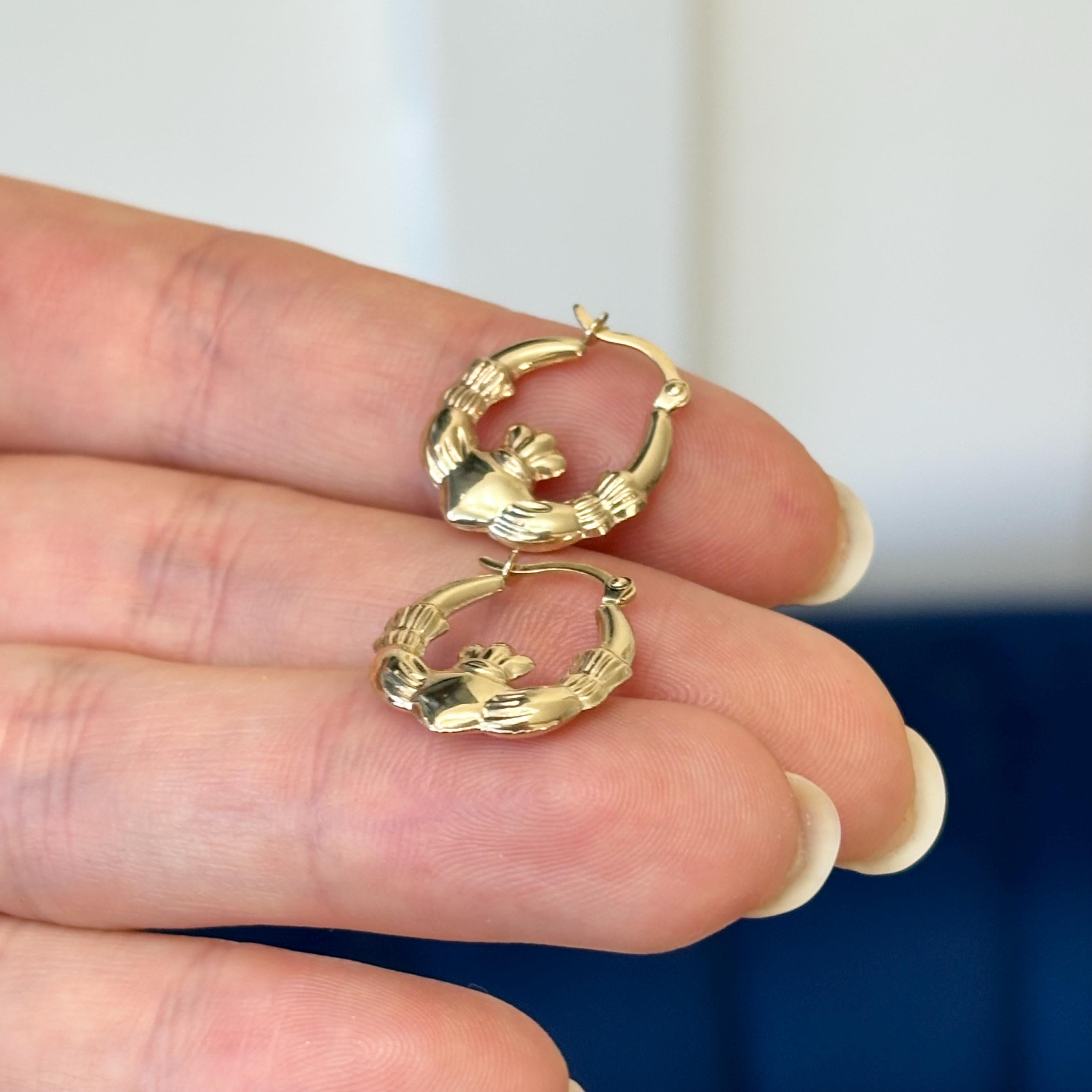 10k Gold Claddagh Irish Hands, Heart and Crown Hoop Earrings