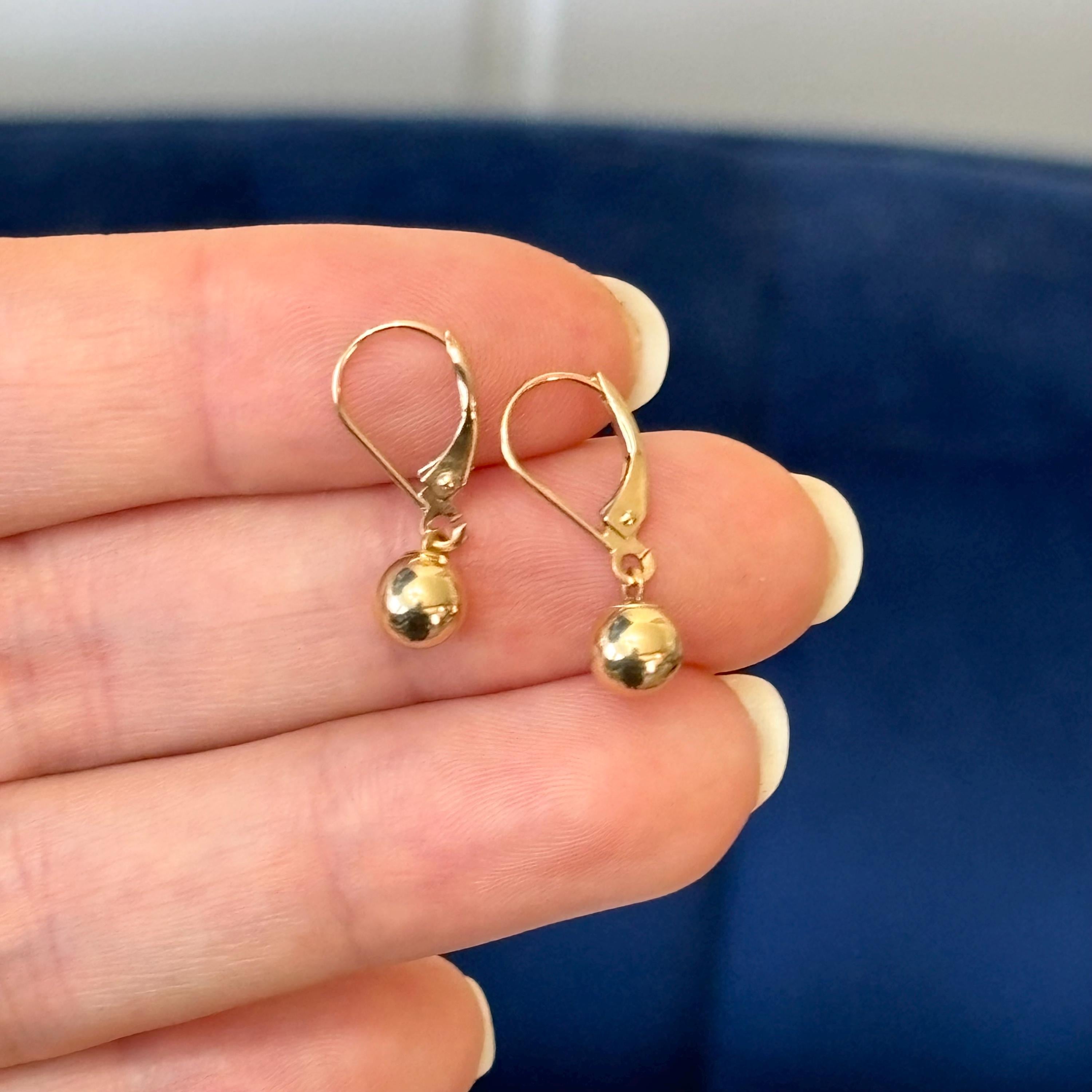 14K Yellow Gold 6mm Bead Leverback Dangle Earrings