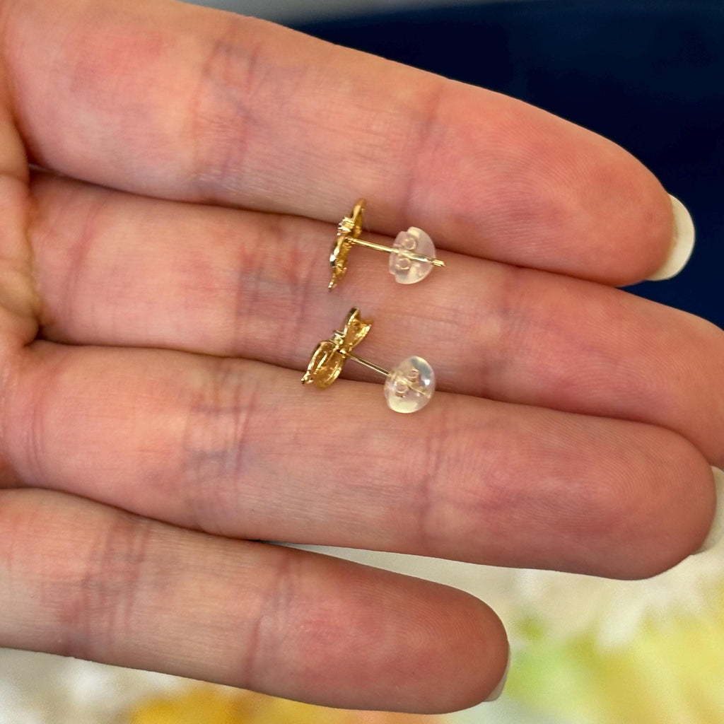 14K Yellow Gold Sitting Kitty Cat CZ Bowtie Stud Earrings