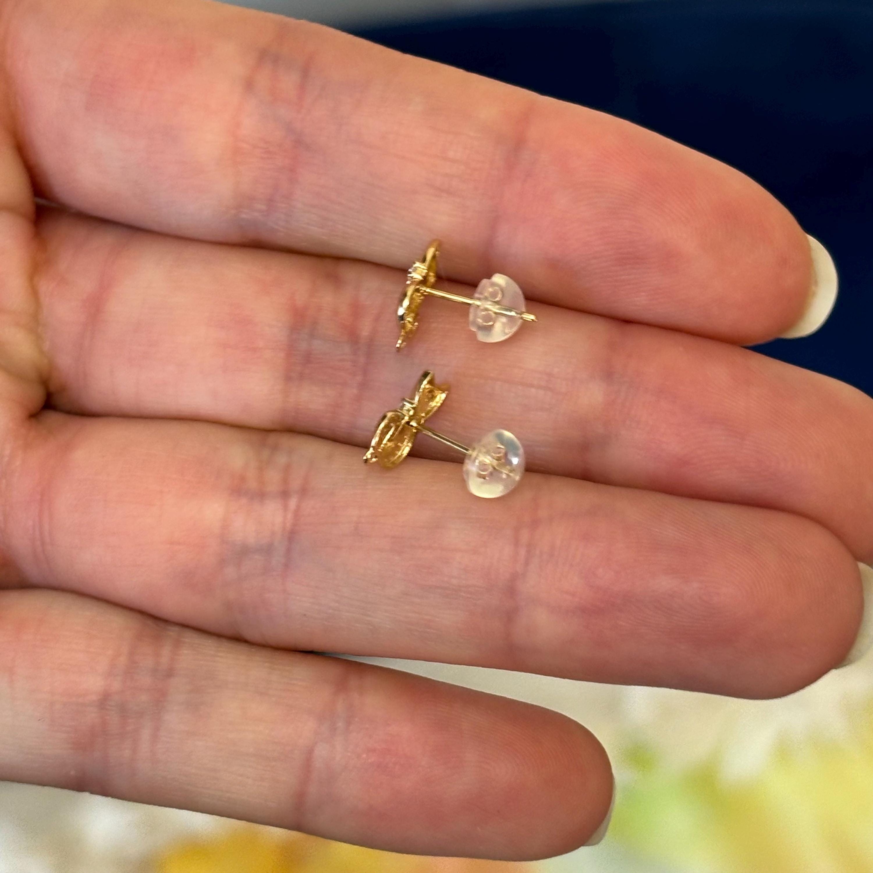 14K Yellow Gold Sitting Kitty Cat CZ Bowtie Stud Earrings