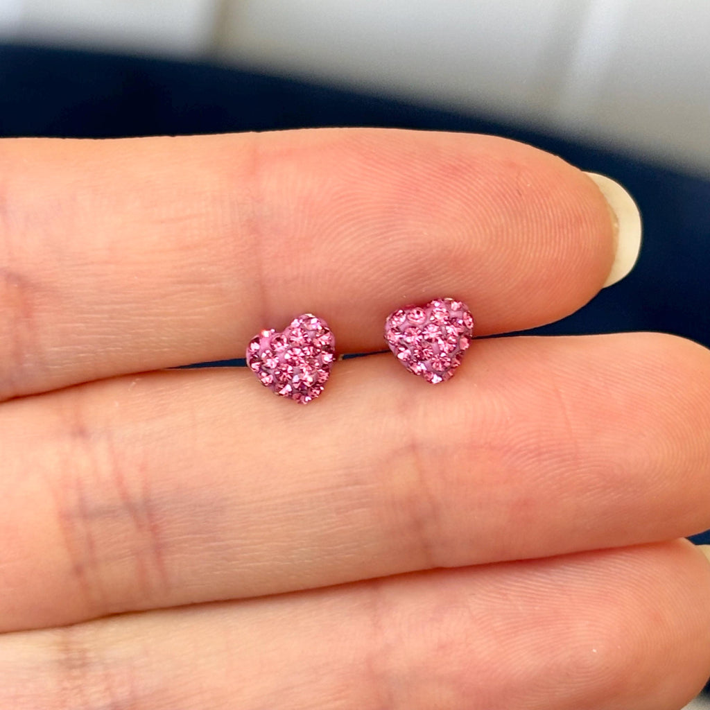 14K Gold Pink Crystal Heart Small Post Earrings