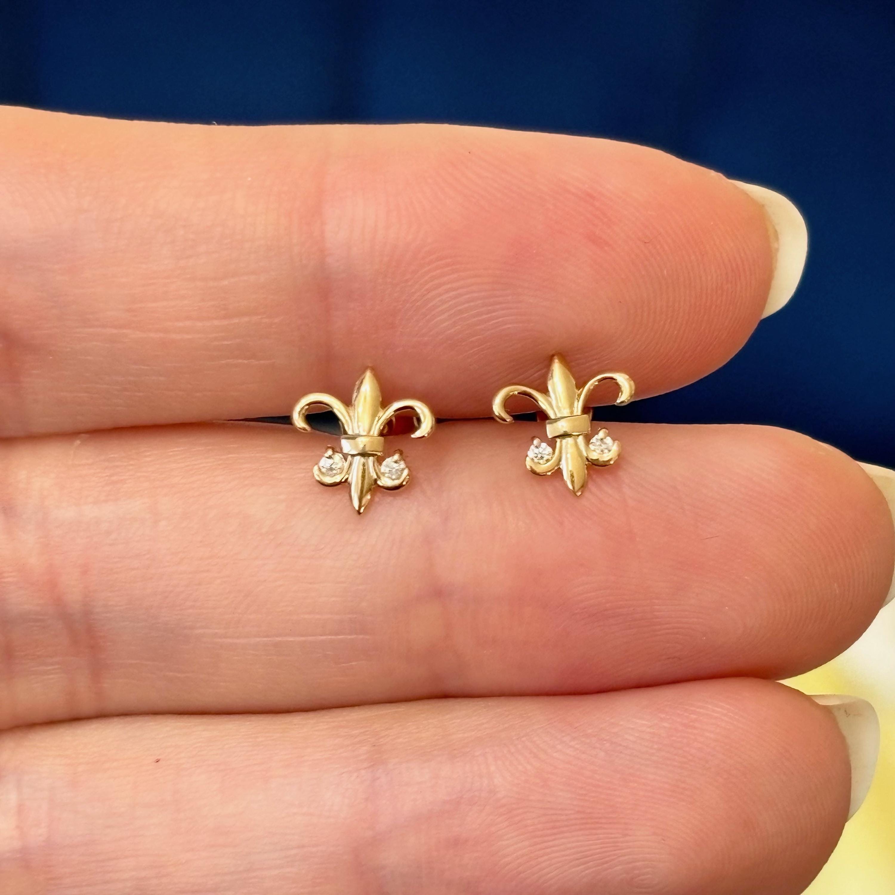 14K Yellow Gold French Fleur de Lis with Cubic Zirconia Post Earrings