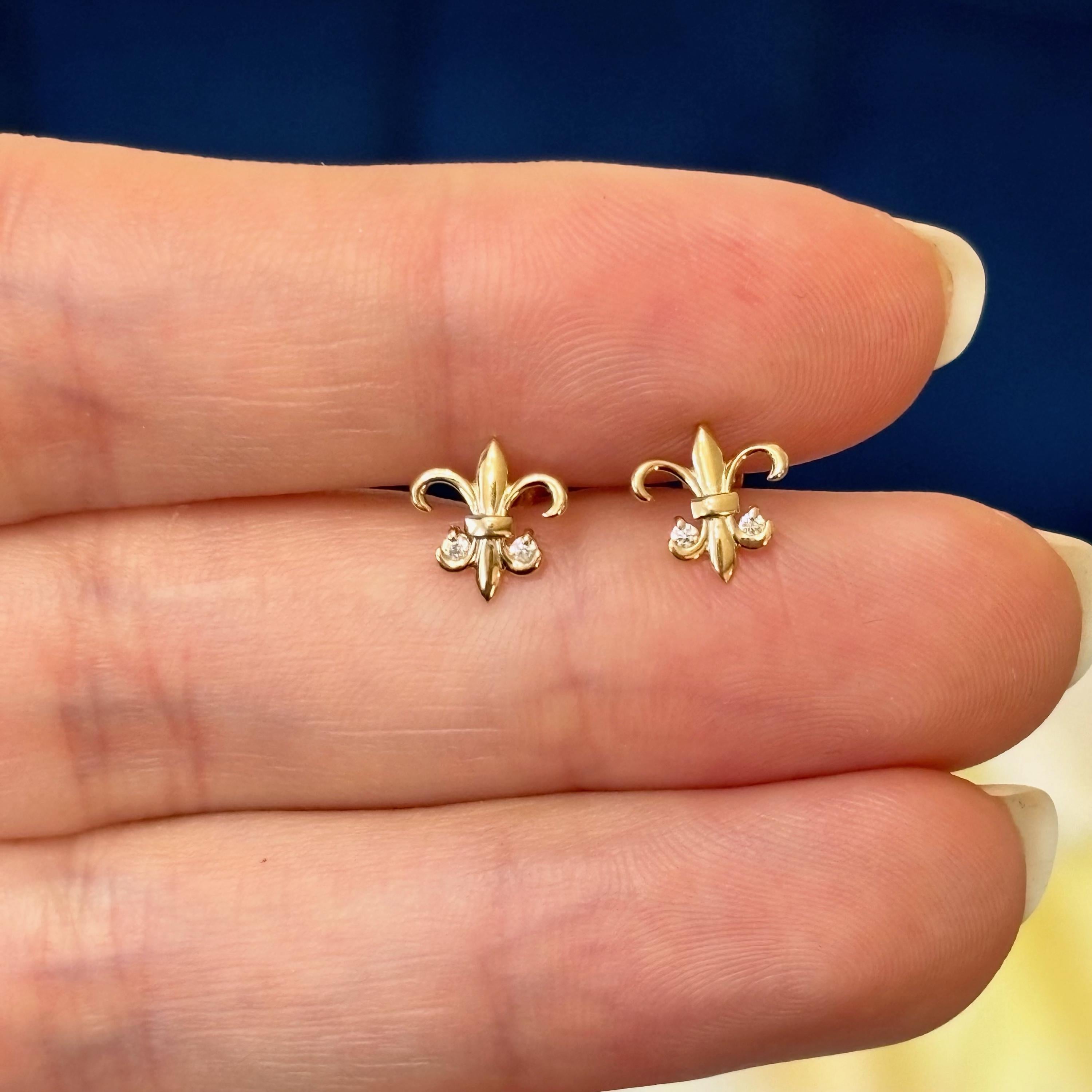 14K Yellow Gold French Fleur de Lis with Cubic Zirconia Post Earrings