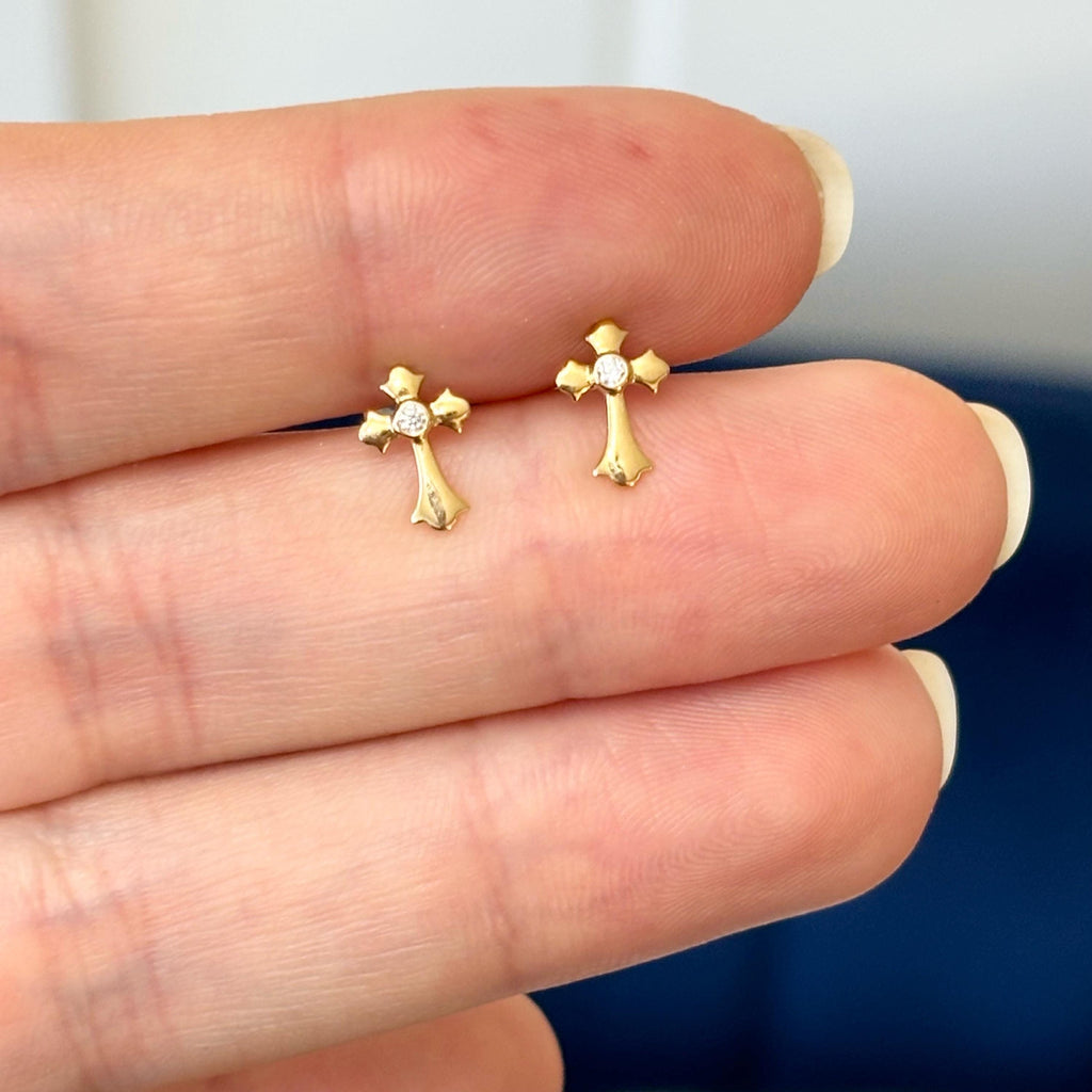 14k Small CZ Children’s Cross Post Earrings