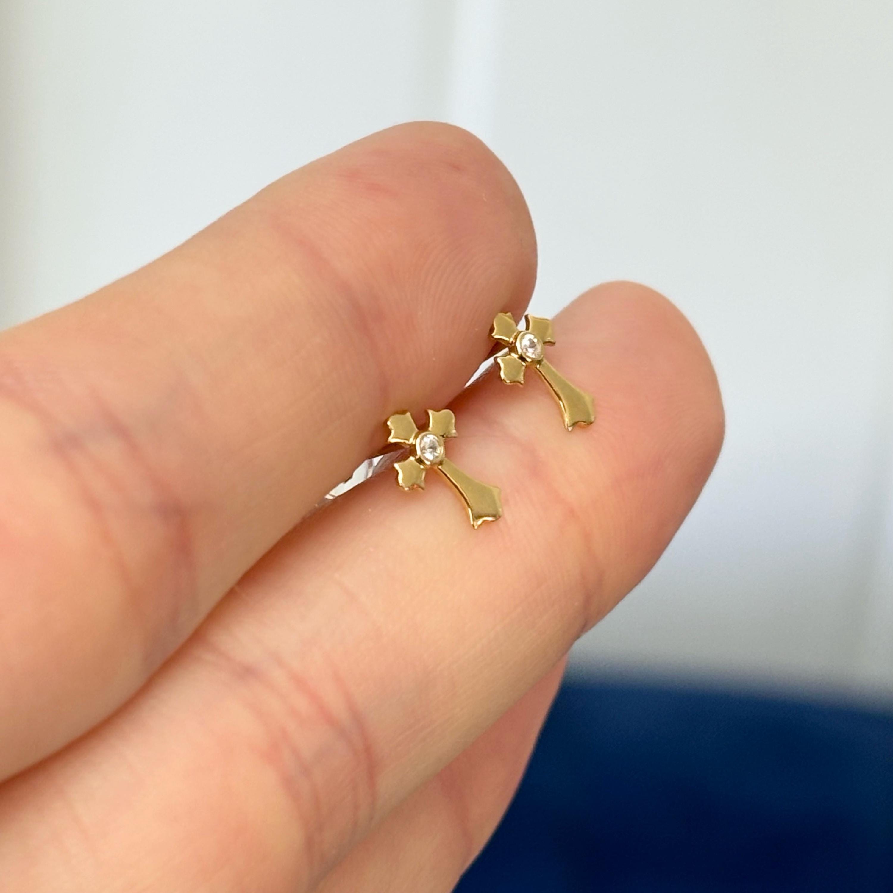 14k Small CZ Children’s Cross Post Earrings