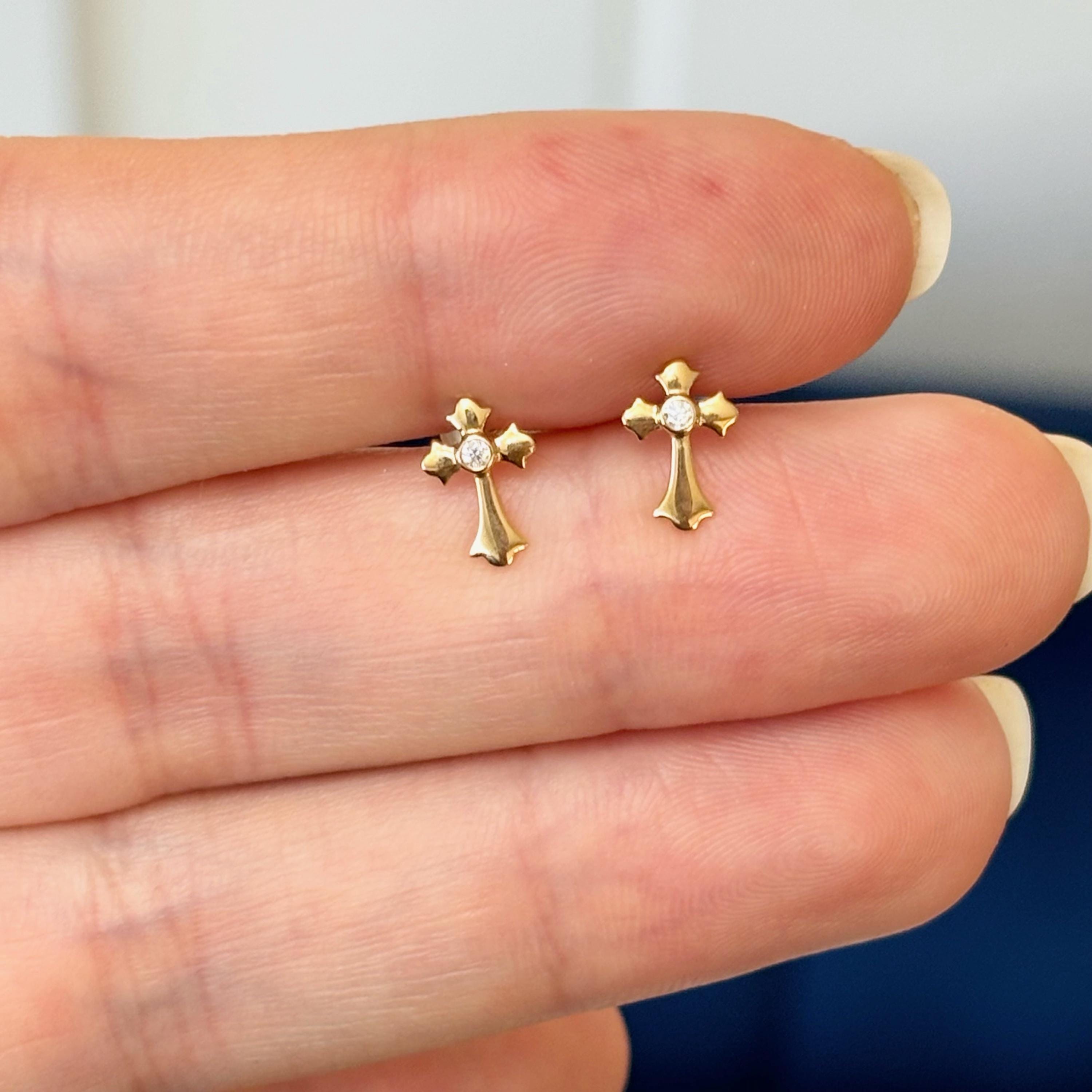 14k Small CZ Children’s Cross Post Earrings