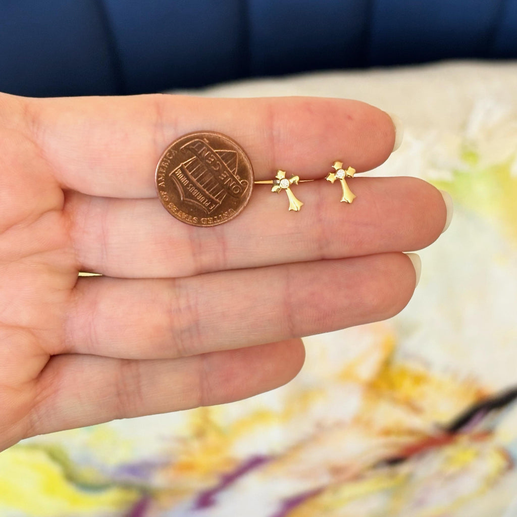 14k Small CZ Children’s Cross Post Earrings