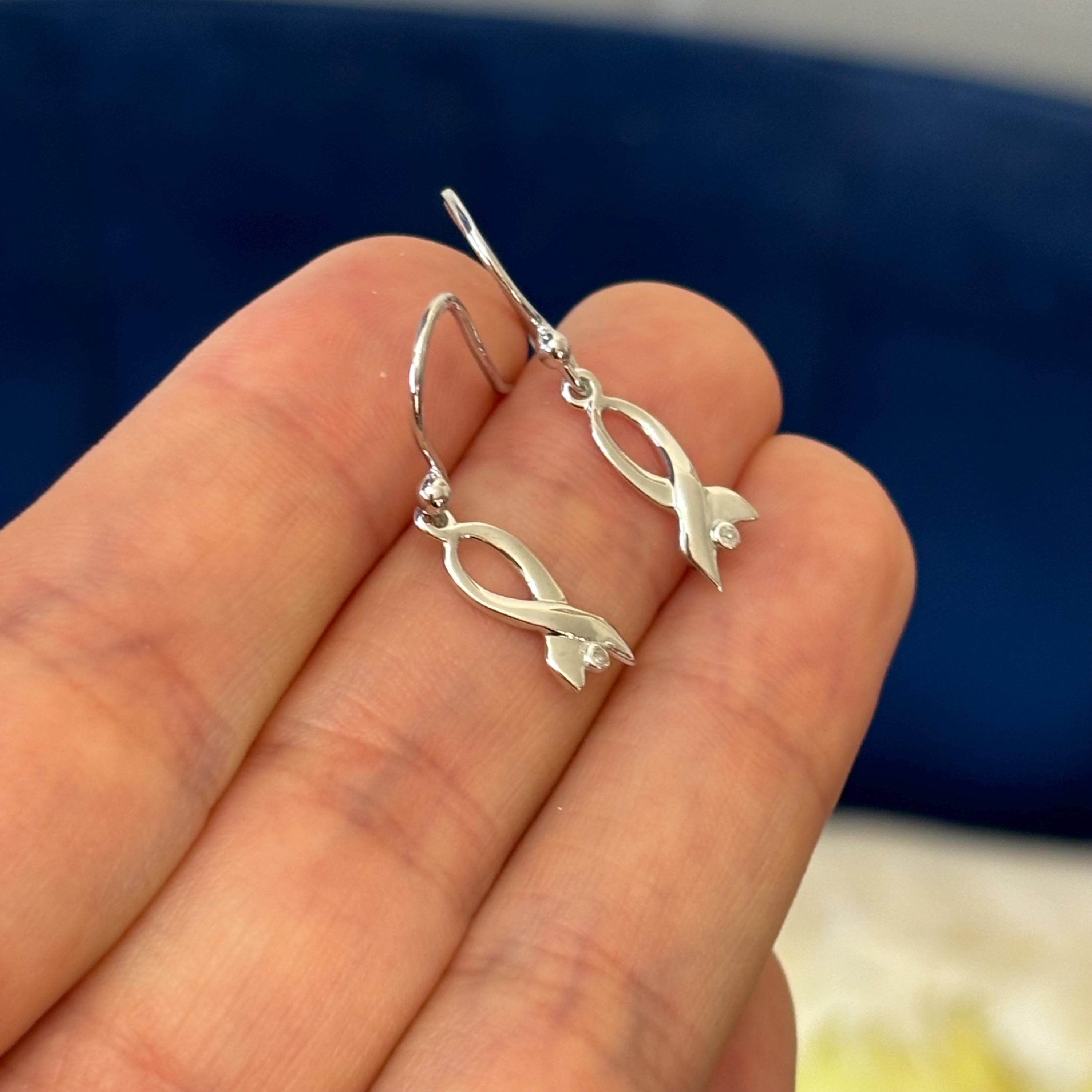 Sterling Silver Rhodium-plated Diamond Awareness Ribbon Dangle Earrings
