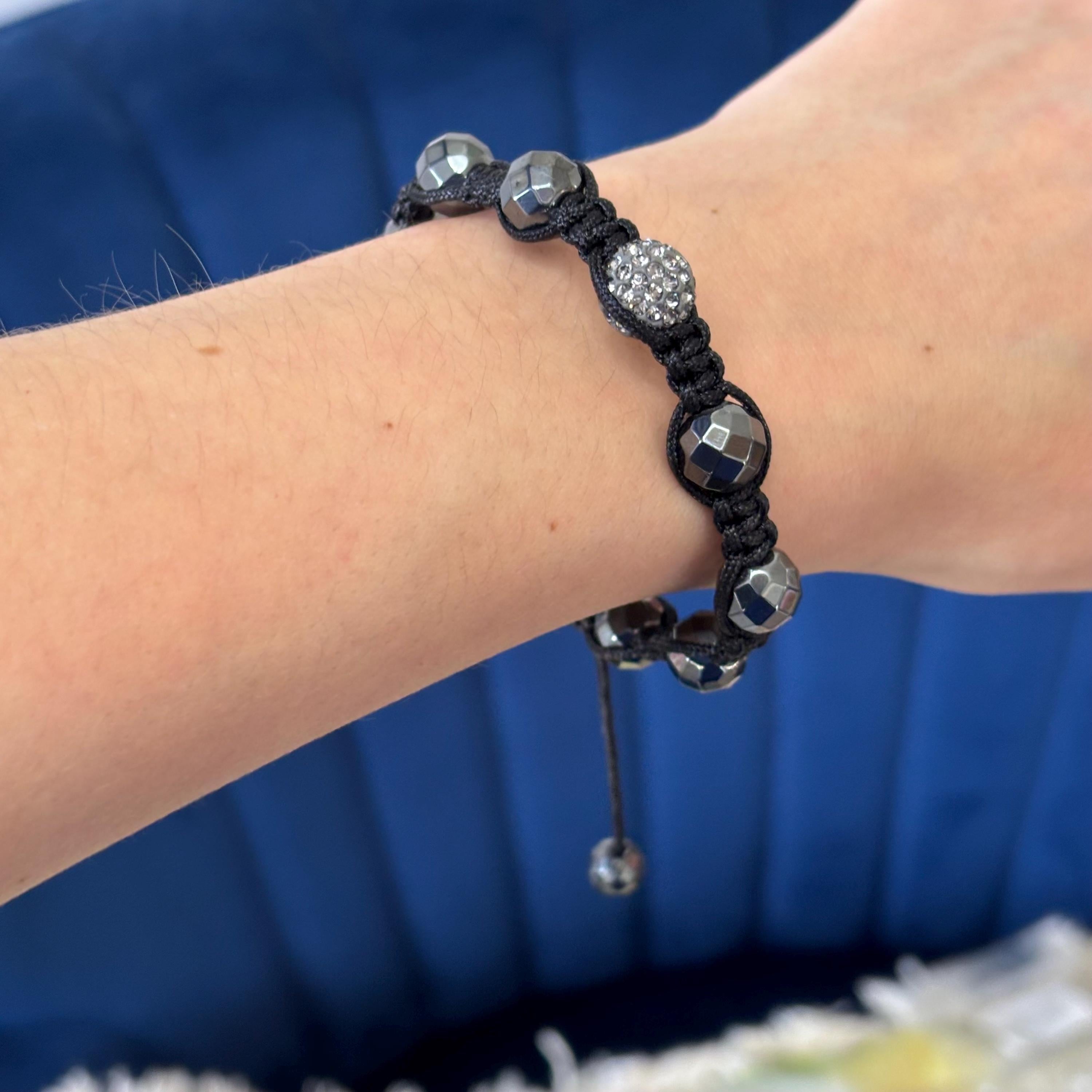Hematite and Crystal Bead on Black Corded Slip-on Stretch Bracelet