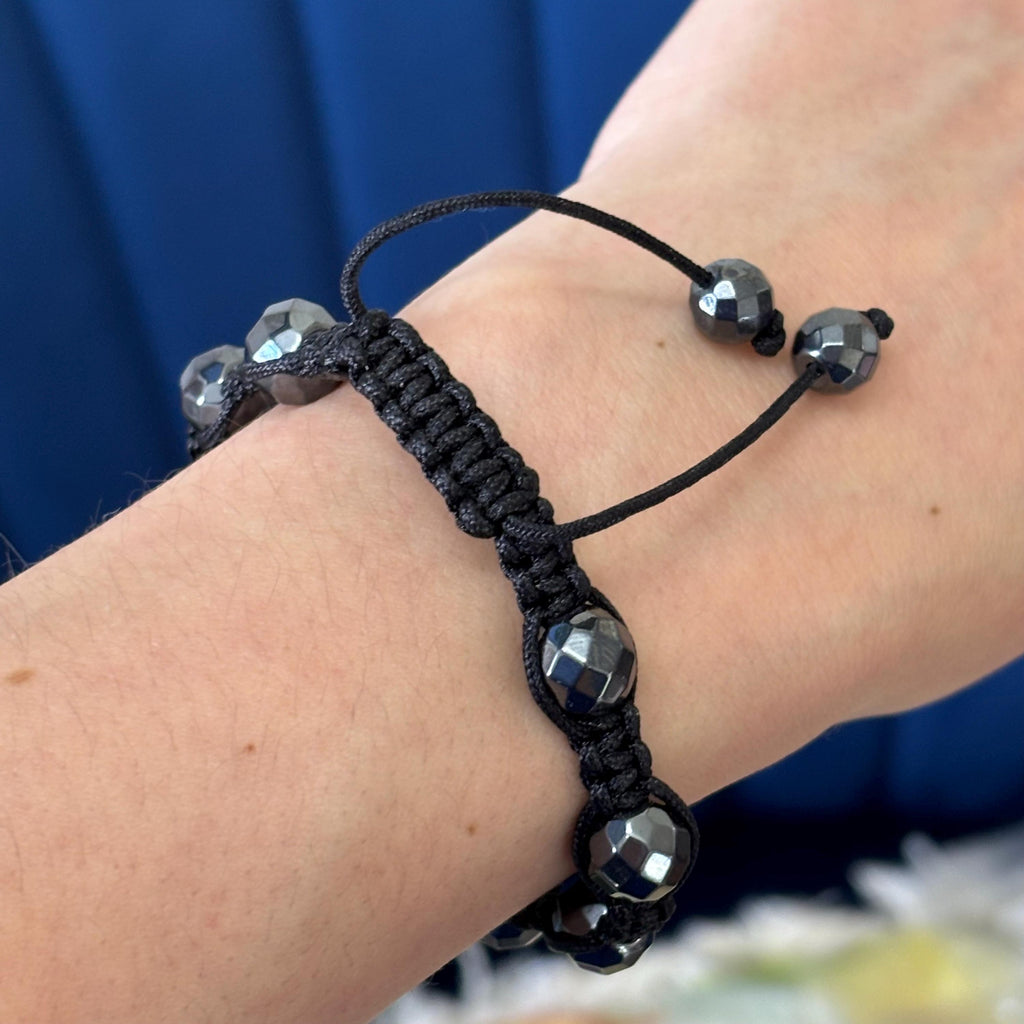 Hematite and Crystal Bead on Black Corded Slip-on Stretch Bracelet