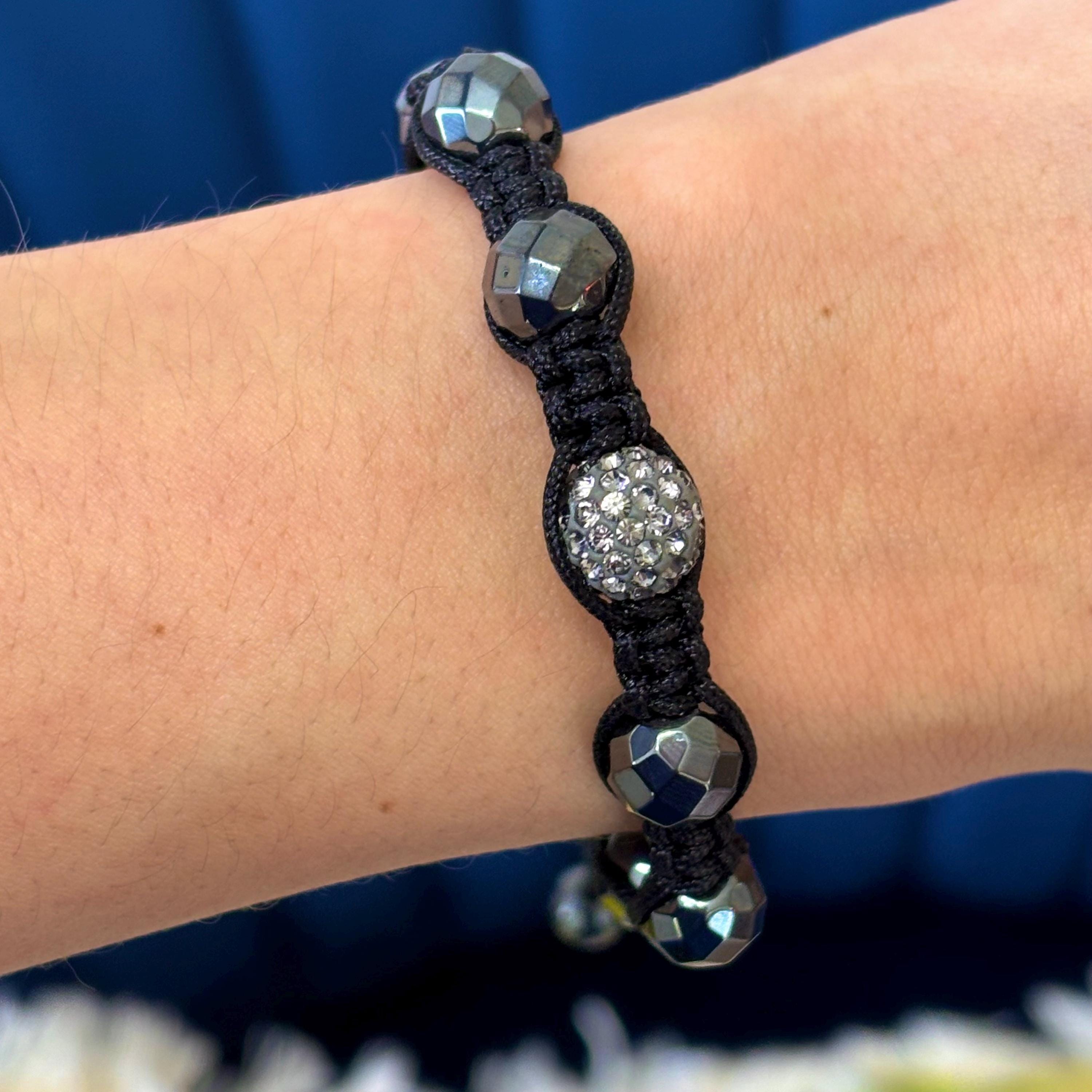 Hematite and Crystal Bead on Black Corded Slip-on Stretch Bracelet