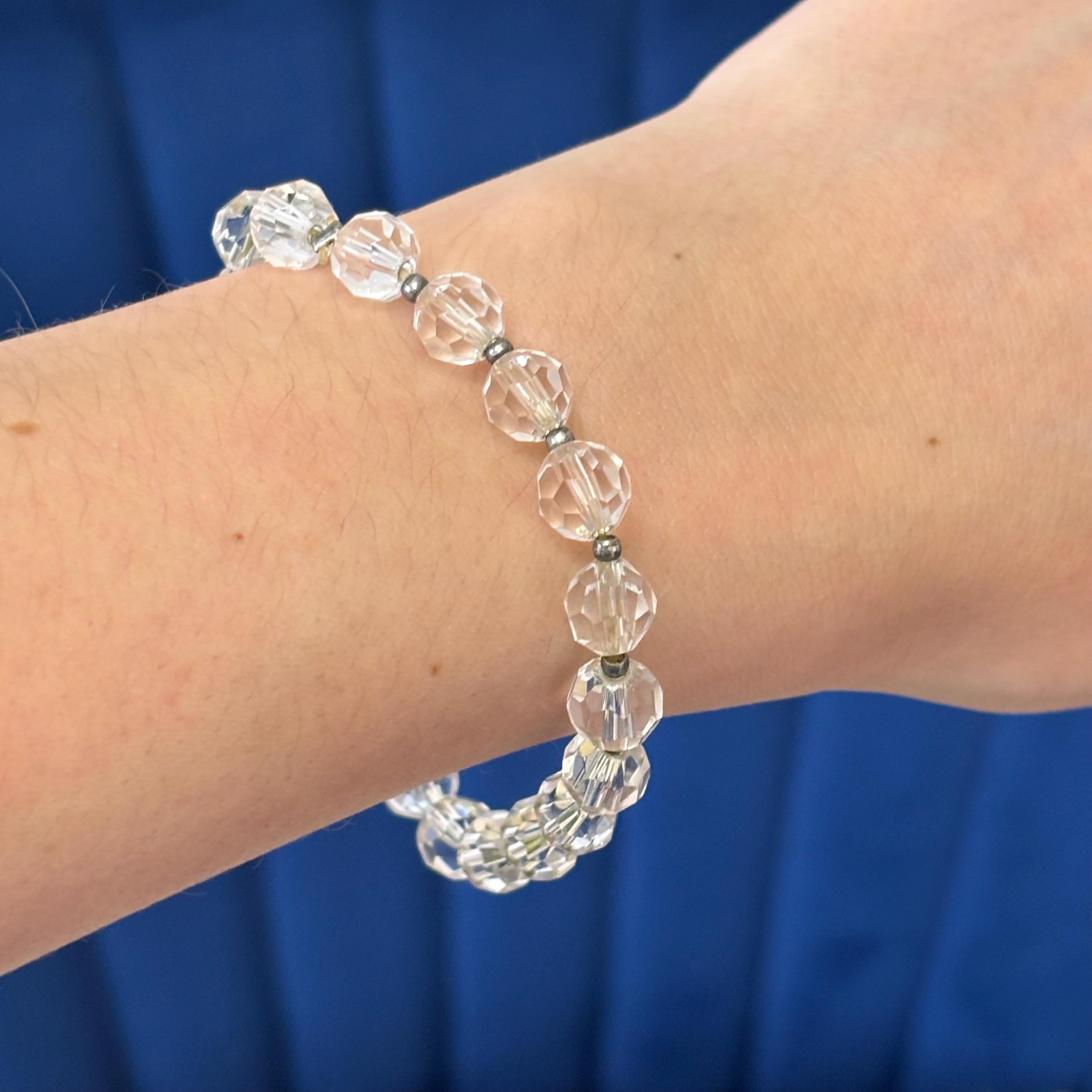 Silver-tone Clear Crystal Bead Slip-on Stretch Fashion Bracelet