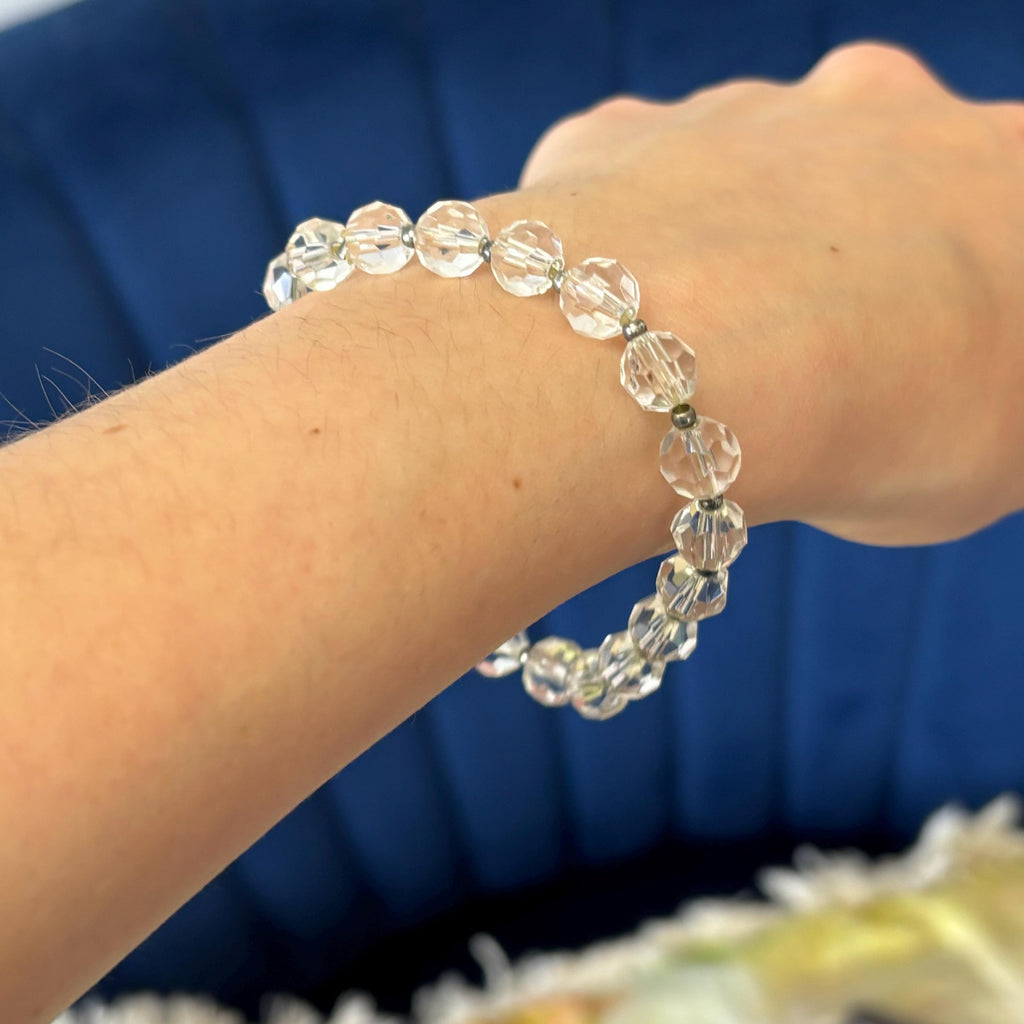 Silver-tone Clear Crystal Bead Slip-on Stretch Fashion Bracelet