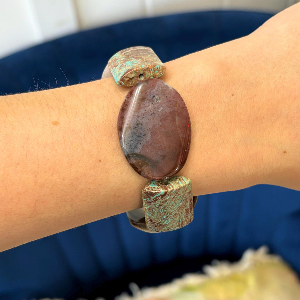 Crazy Lace Jasper and Dyed Blue Magnesite Chunky Smooth Slip-on Stretch Bracelet
