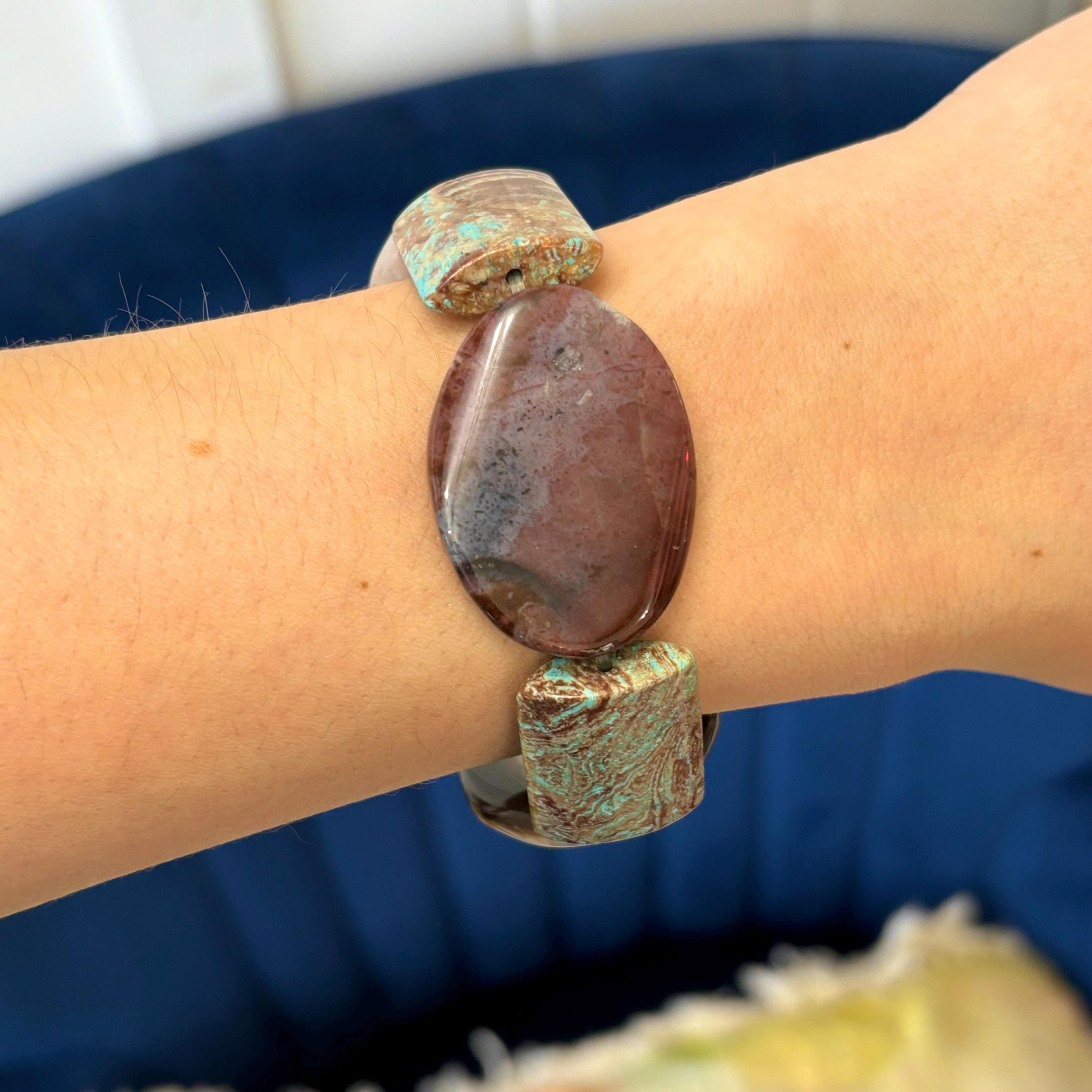 Crazy Lace Jasper and Dyed Blue Magnesite Chunky Smooth Slip-on Stretch Bracelet