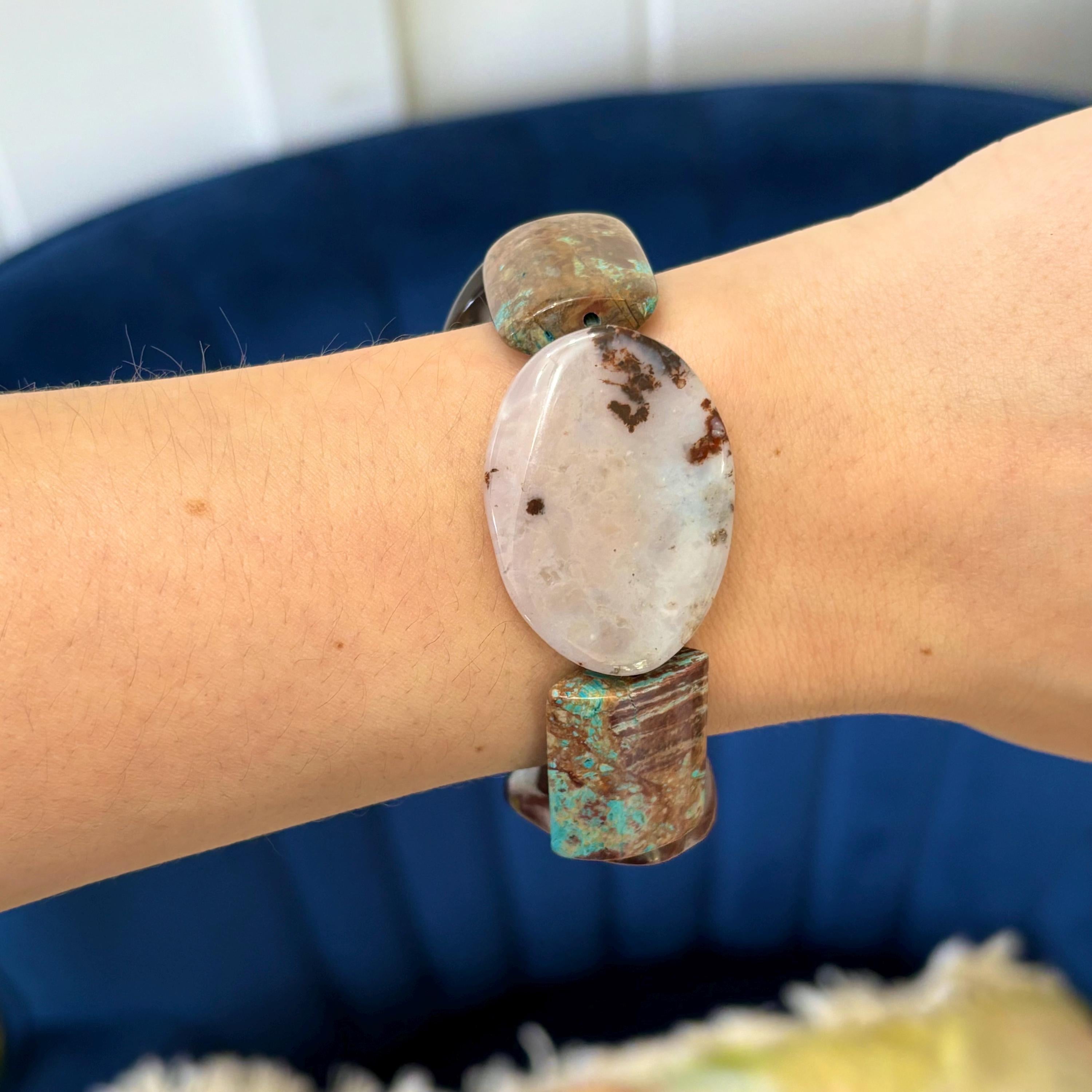 Crazy Lace Jasper and Dyed Blue Magnesite Chunky Smooth Slip-on Stretch Bracelet