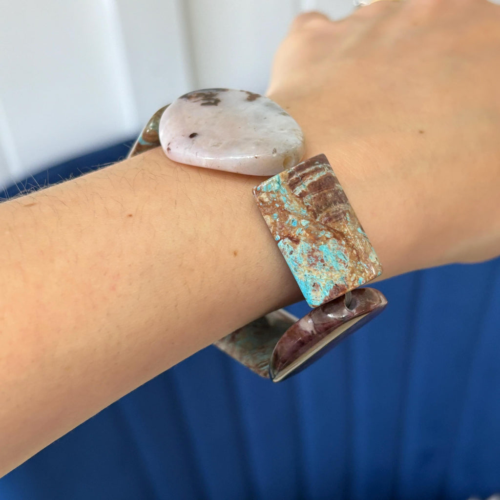 Crazy Lace Jasper and Dyed Blue Magnesite Chunky Smooth Slip-on Stretch Bracelet