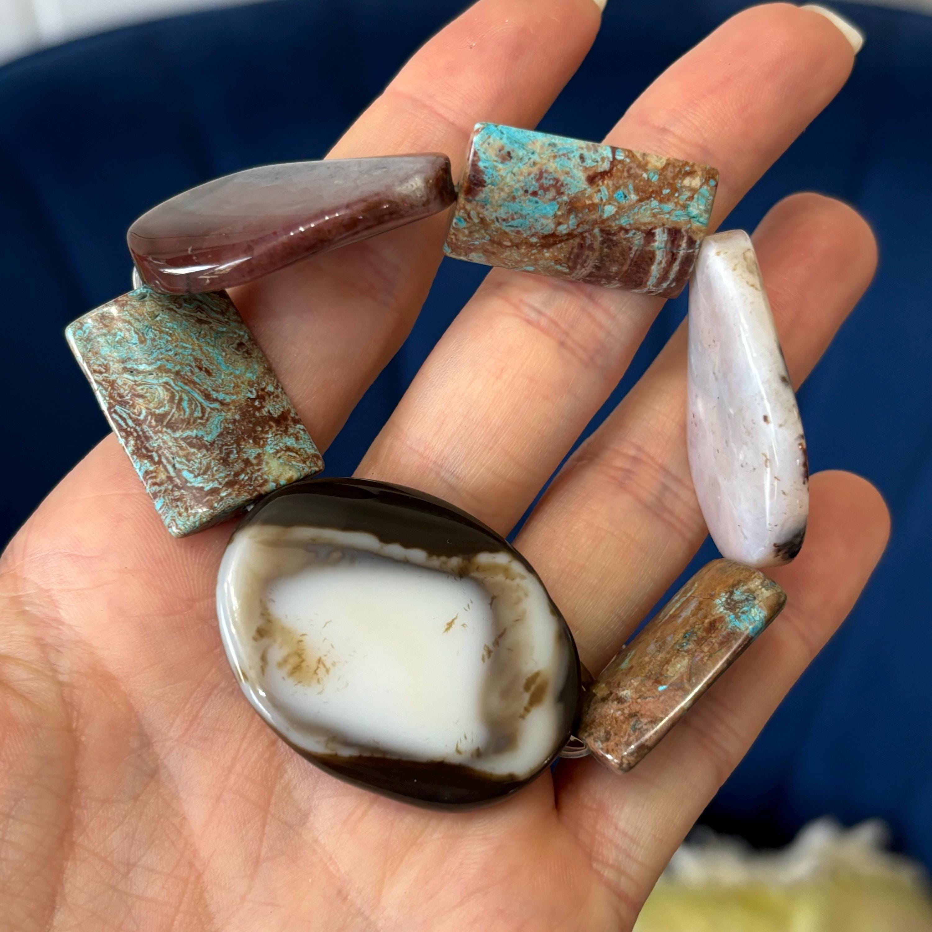 Crazy Lace Jasper and Dyed Blue Magnesite Chunky Smooth Slip-on Stretch Bracelet