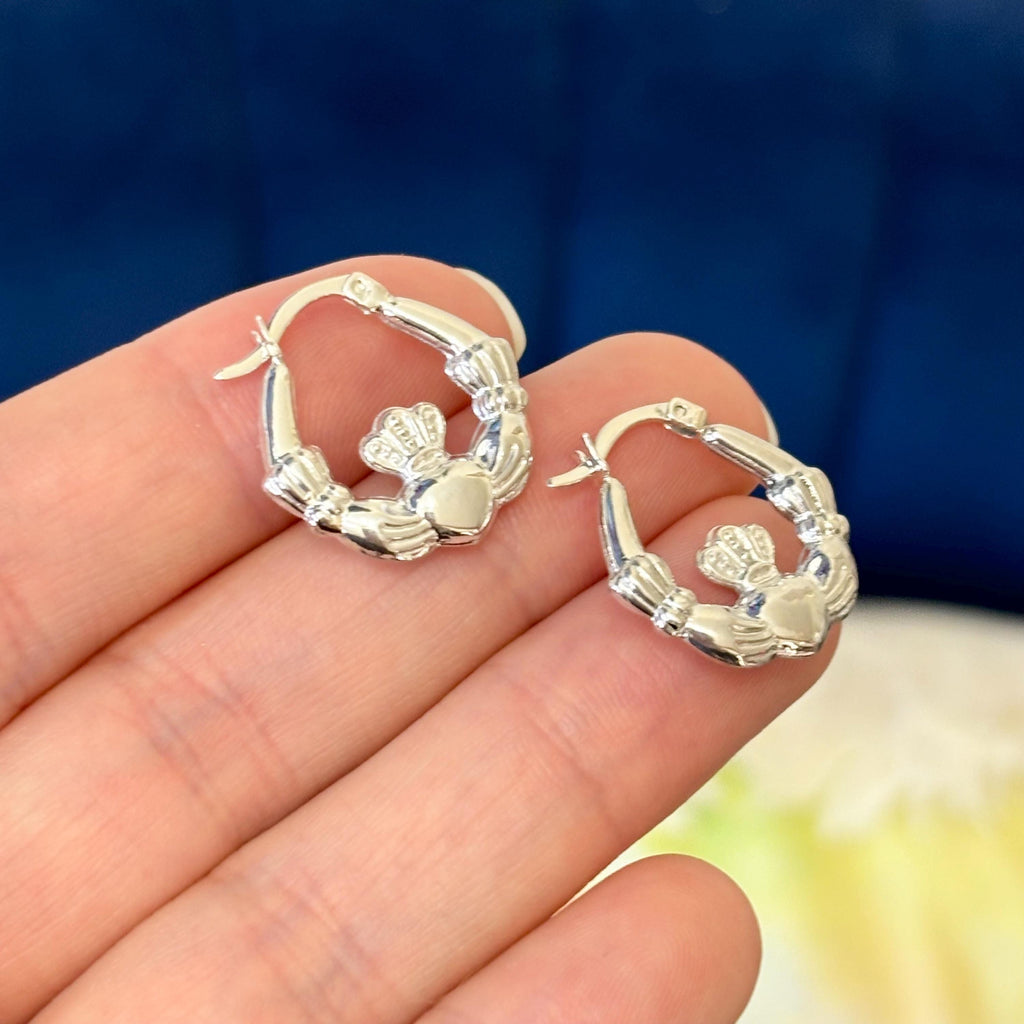 Sterling Silver Claddagh Irish Hands, Heart and Crown Hoop Earrings